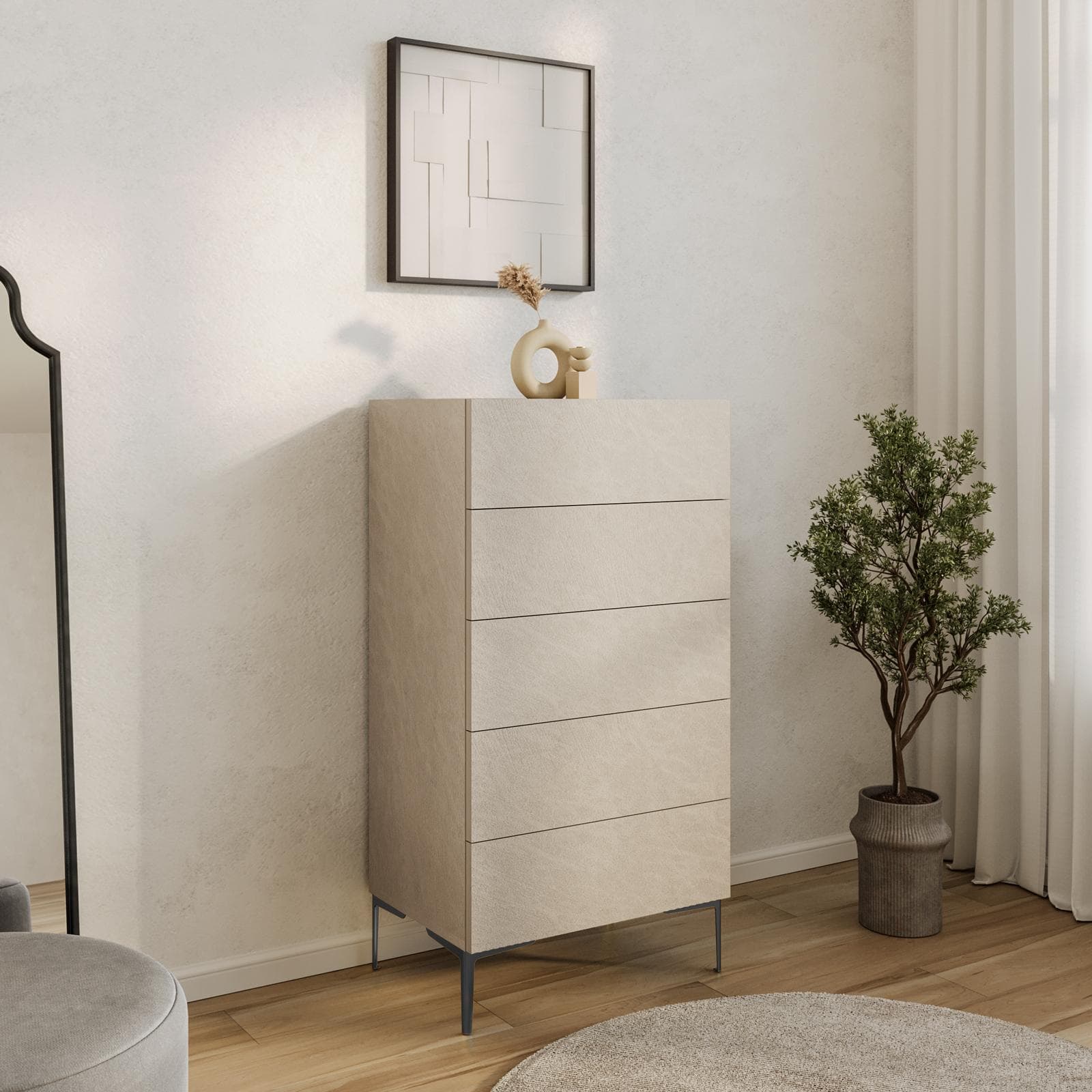 Cassettiera 60x115h cm argilla con 5 cassetti soft close e piedi in metallo nero - Judith