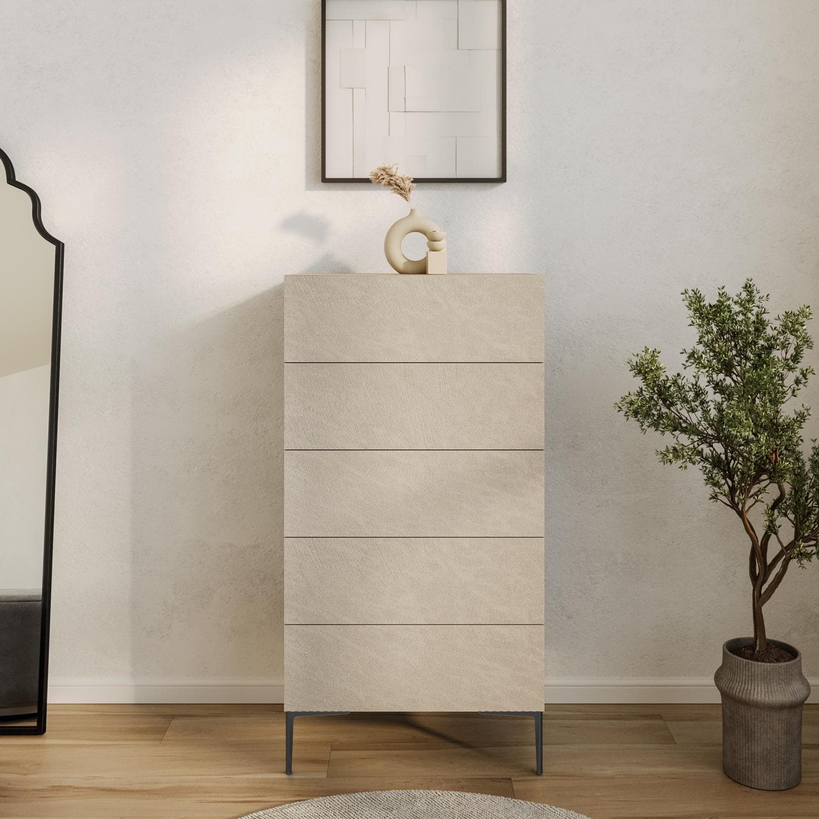Cassettiera 60x115h cm argilla con 5 cassetti soft close e piedi in metallo nero - Judith