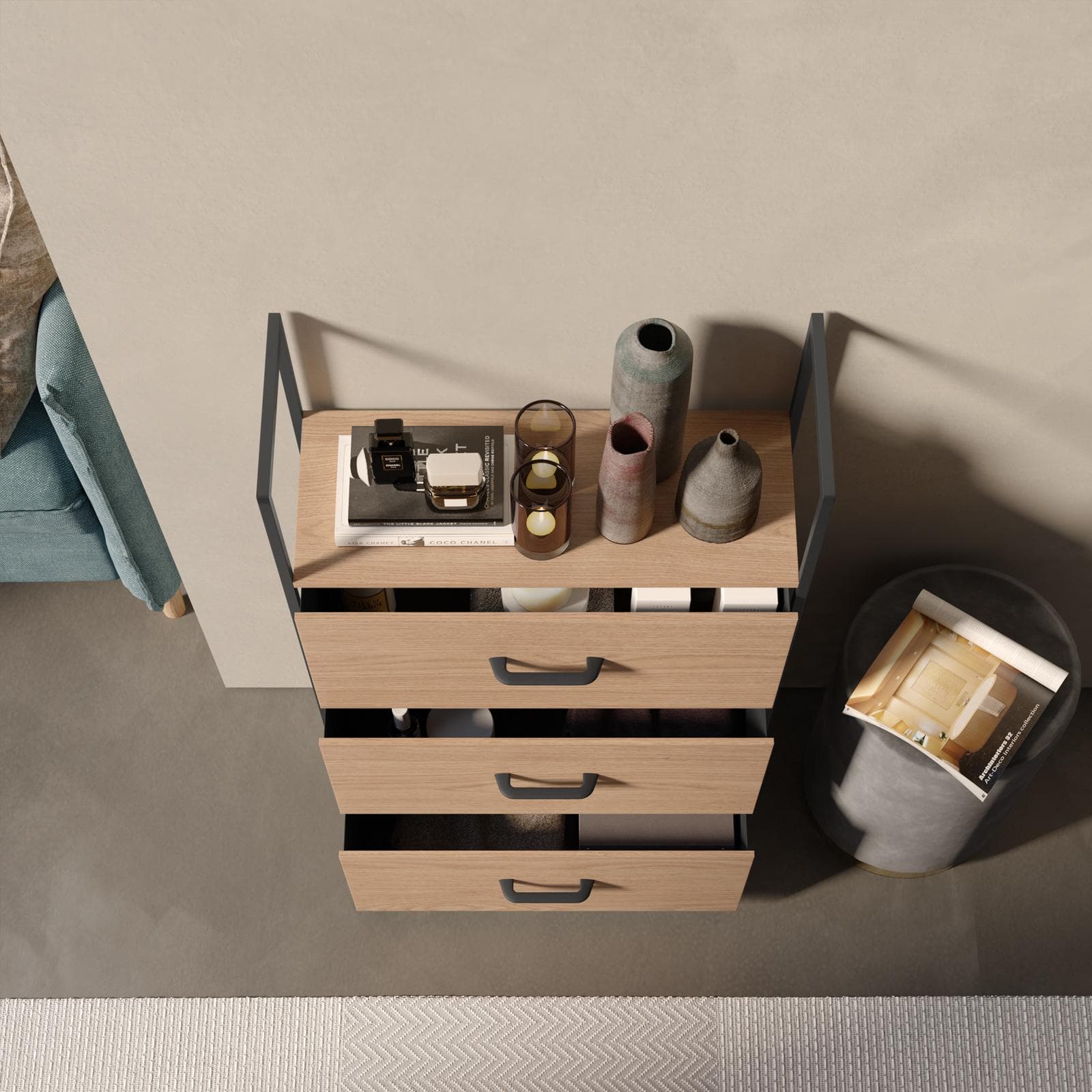 Cassettiera 60x80h cm effetto rovere selvatico con 3 cassetti in tessuto e struttura in acciaio nero - Nuevo