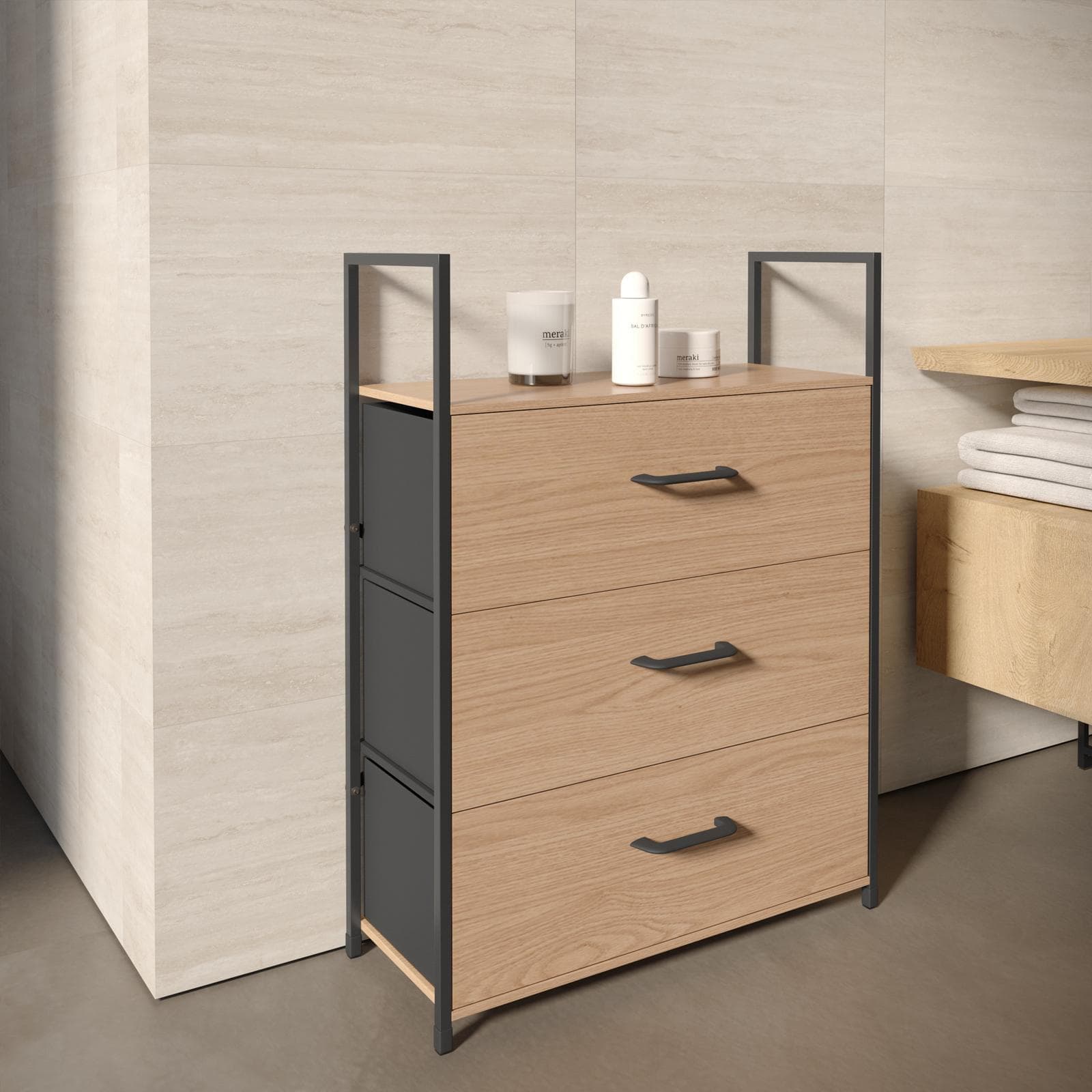 Cassettiera 60x80h cm effetto rovere selvatico con 3 cassetti in tessuto e struttura in acciaio nero - Nuevo