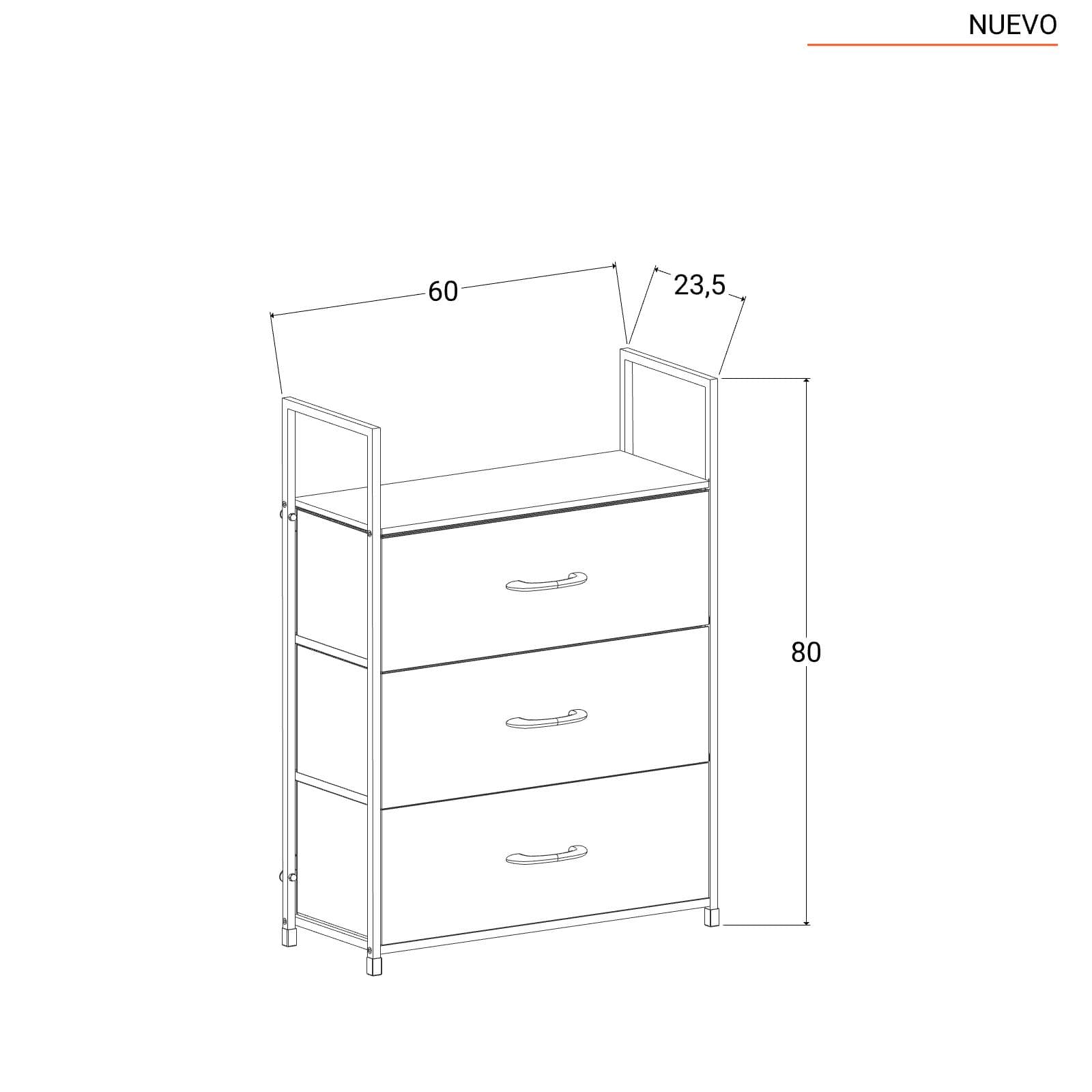Cassettiera 60x80h cm effetto rovere selvatico con 3 cassetti in tessuto e struttura in acciaio nero - Nuevo