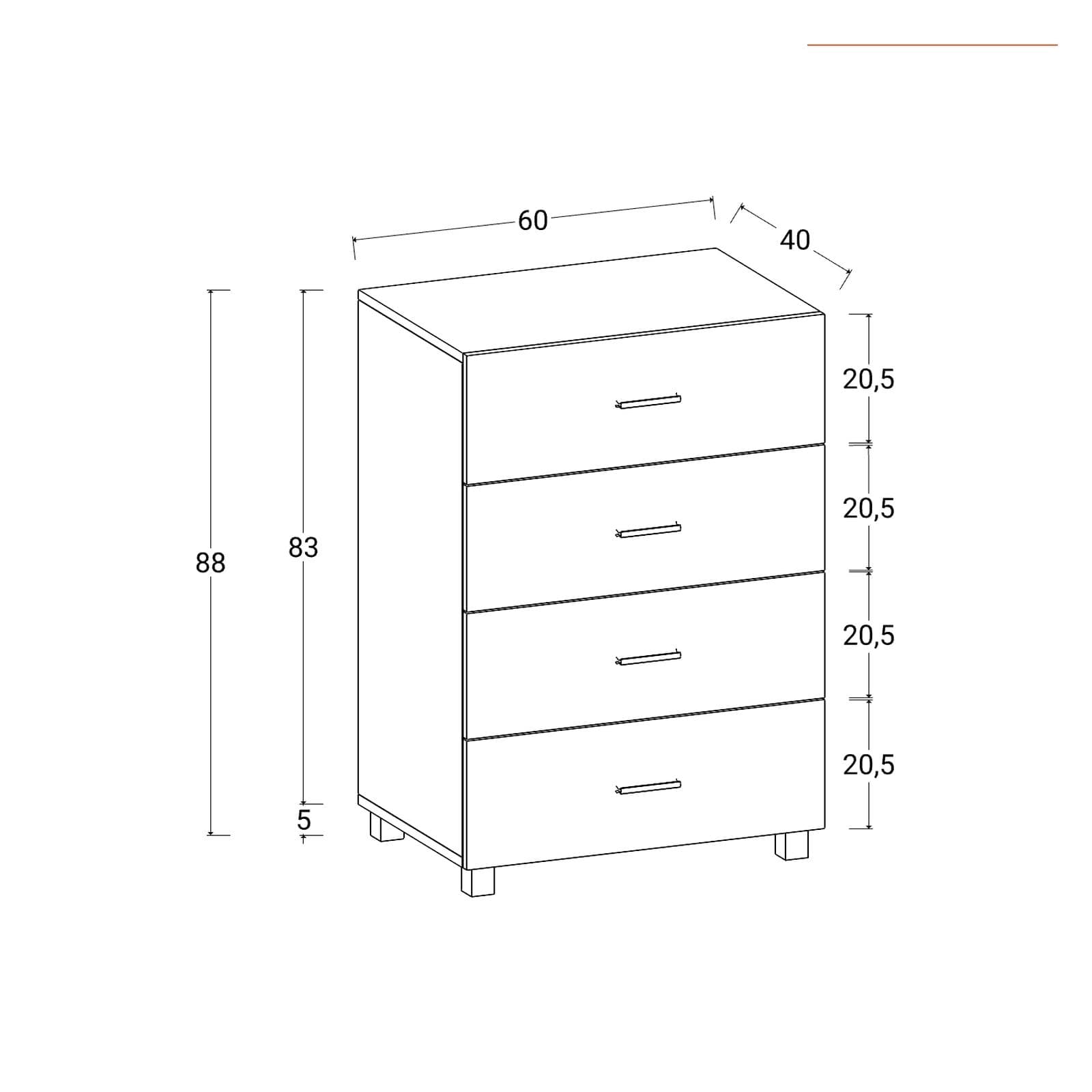 Cassettiera 60x88h cm con 4 cassetti effetto rovere - Iceberg