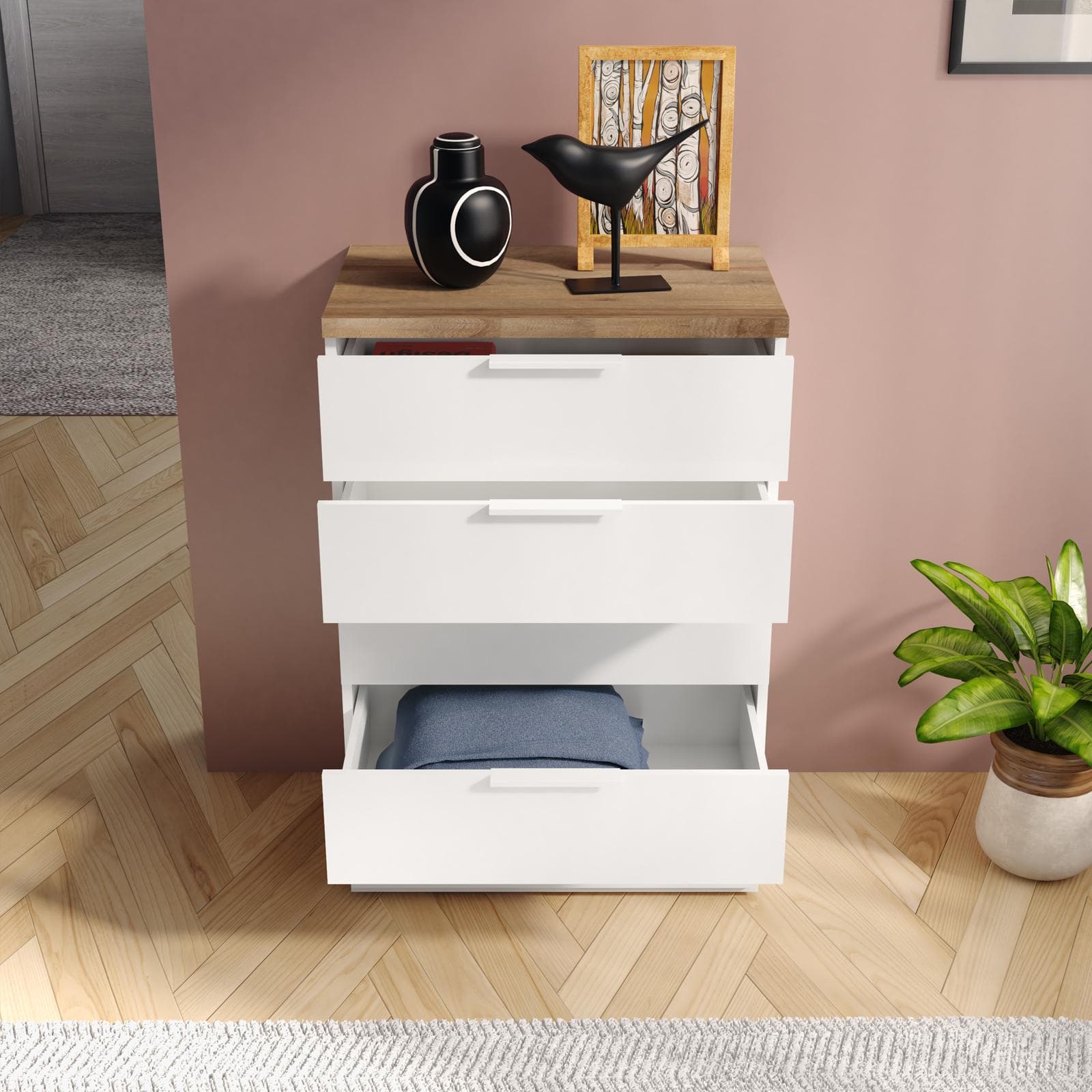 Cassettiera 69x102h cm in legno bianco lucido e rovere artisan - Boras night