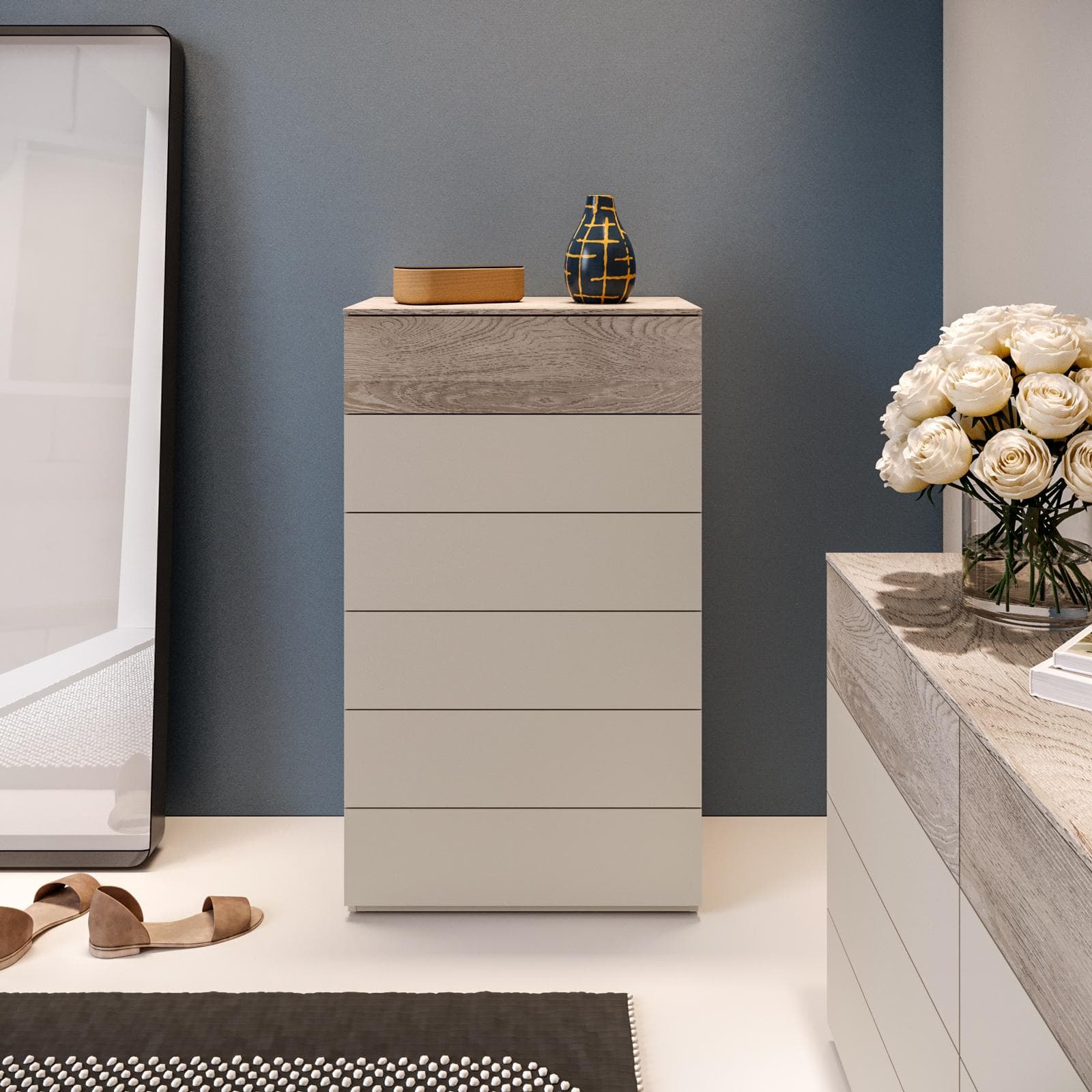 Cassettiera 70x120h cm cashmere opaco e rovere gessato con 6 cassetti - Noiba