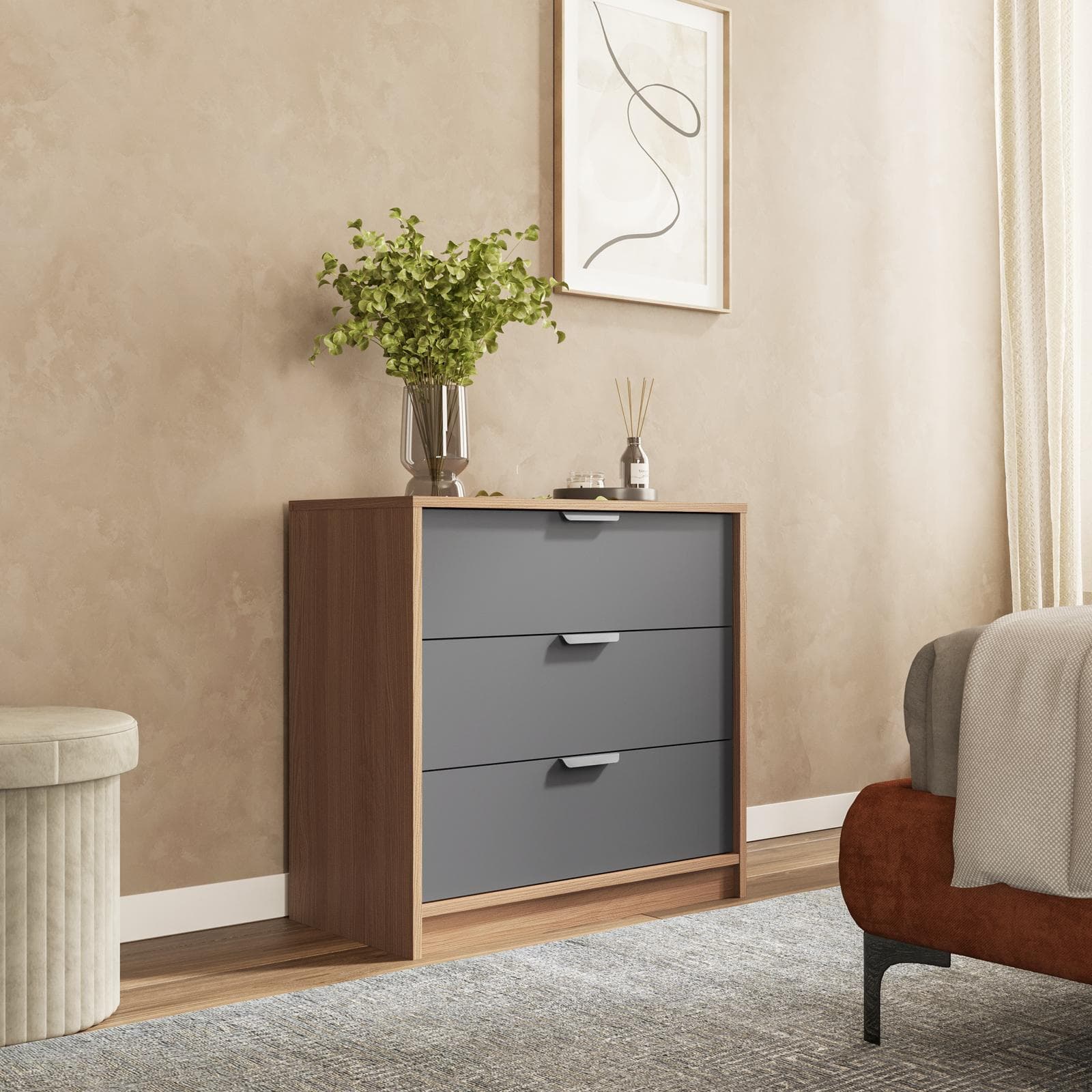 Cassettiera 71x69h cm antracite e rovere con 3 cassetti - Aubin