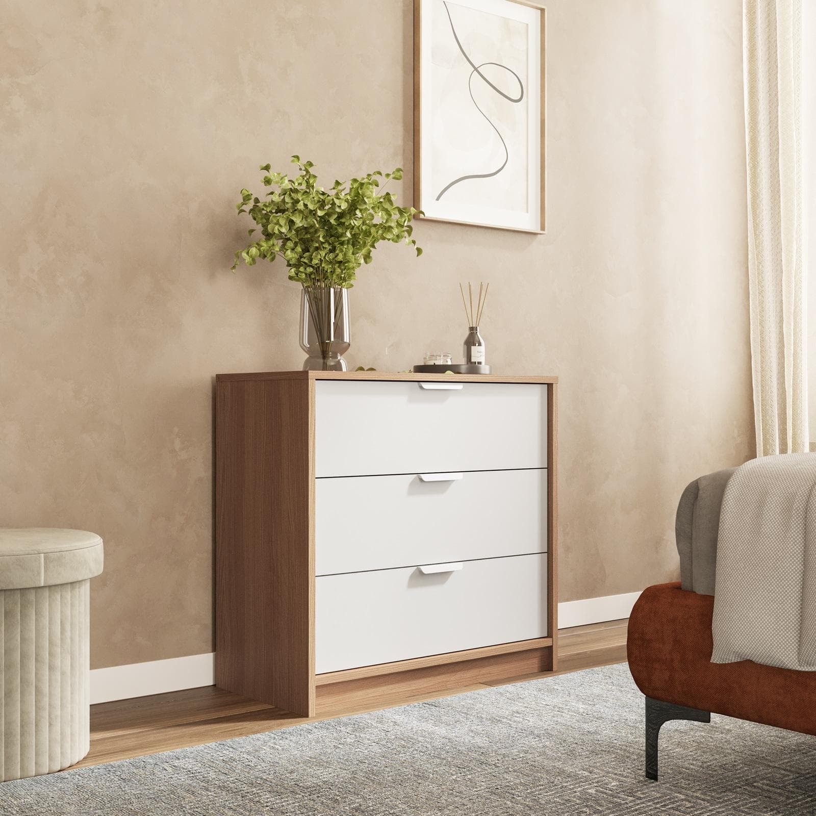 Cassettiera 71x69h cm bianco e rovere con 3 cassetti - Aubin