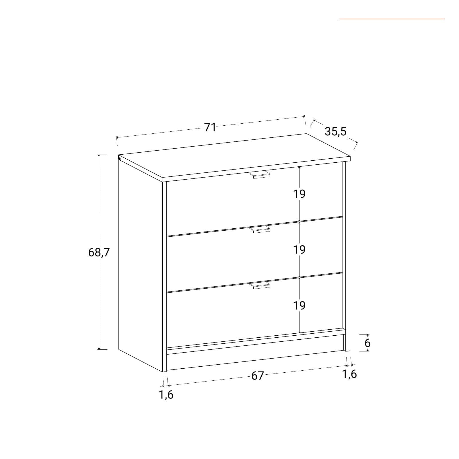 Cassettiera 71x69h cm bianco e rovere con 3 cassetti - Aubin