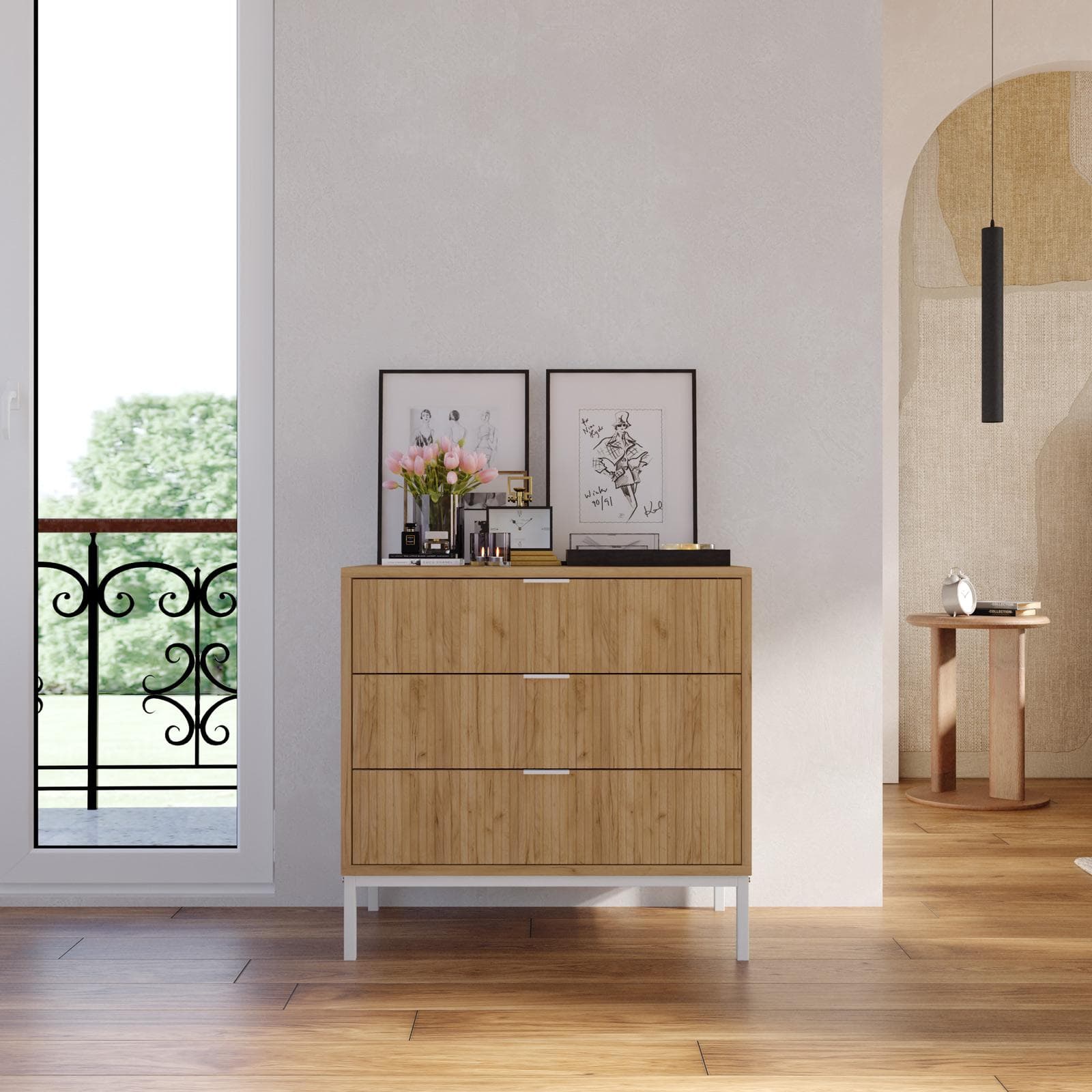 Cassettiera 72x69h cm rovere chiaro cannettato con 3 cassetti e piedi in metallo bianco - Acosta