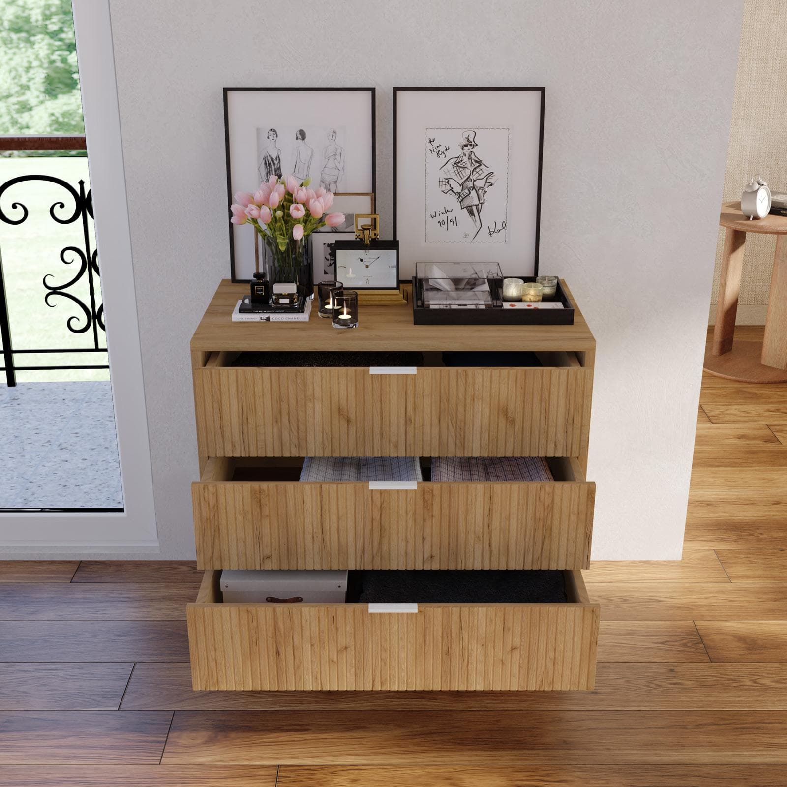 Cassettiera 72x69h cm rovere chiaro cannettato con 3 cassetti e piedi in metallo bianco - Acosta