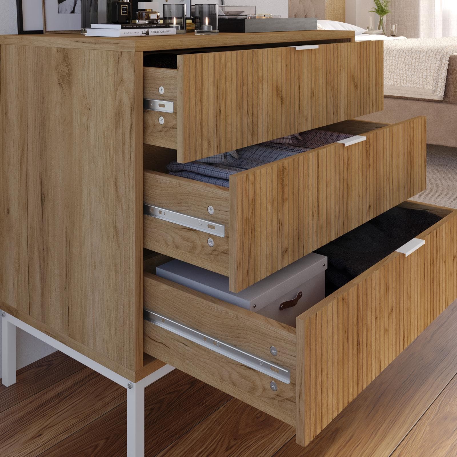 Cassettiera 72x69h cm rovere chiaro cannettato con 3 cassetti e piedi in metallo bianco - Acosta