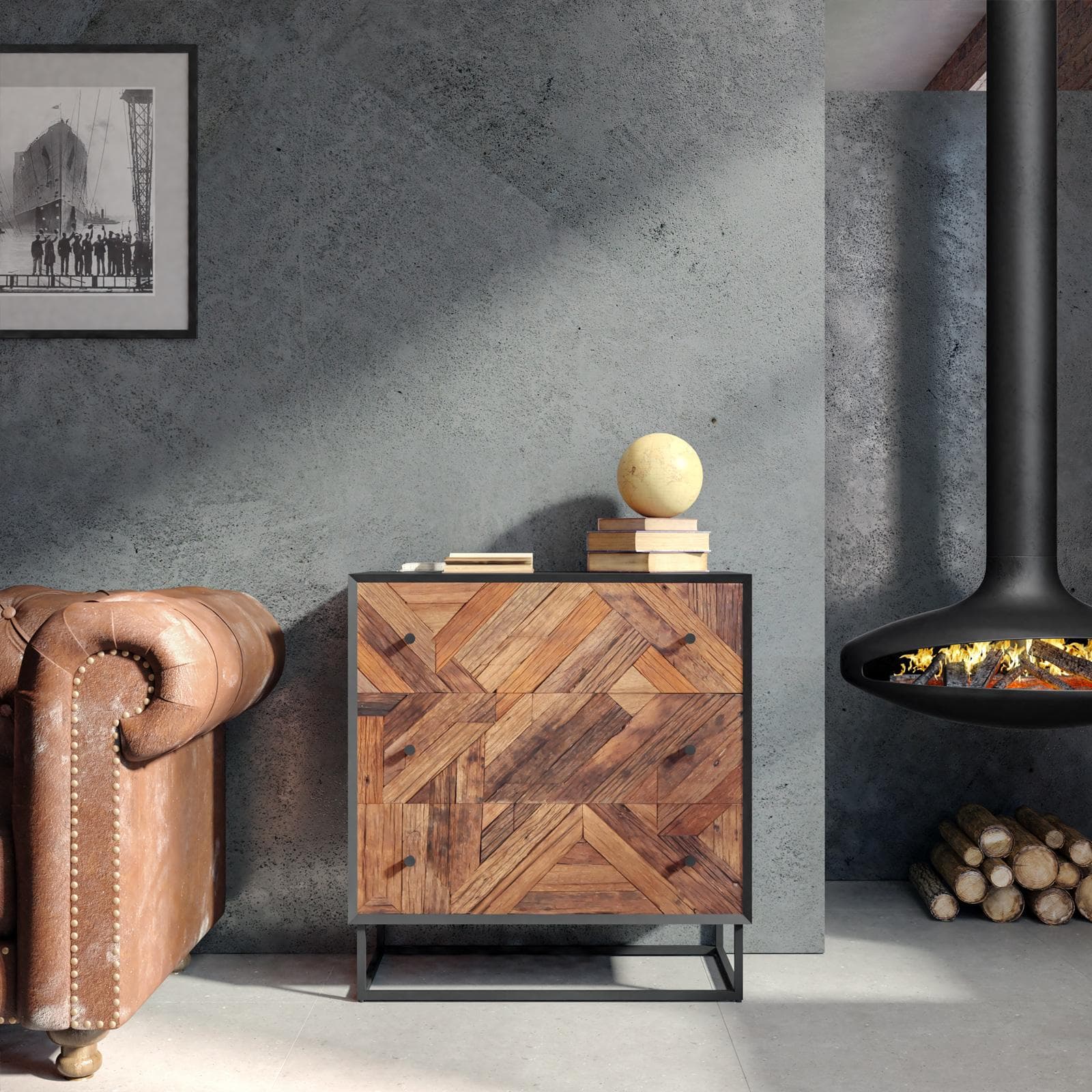 Cassettiera 75x80h cm in legno naturale effetto invecchiato e metallo nero - Desindos