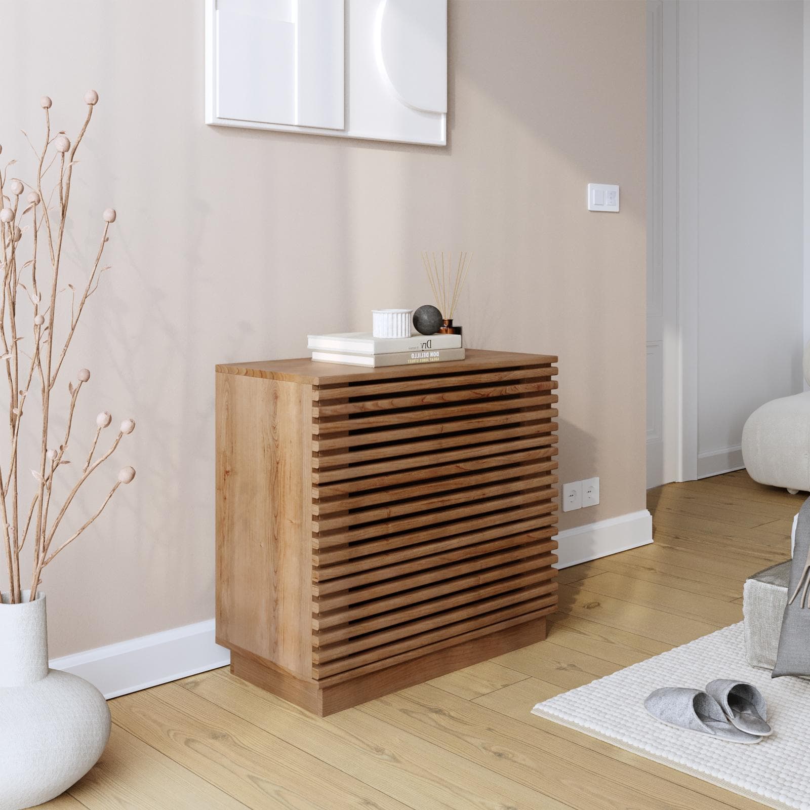 Cassettiera 75x70 cm in legno di acacia cannettato - Karan