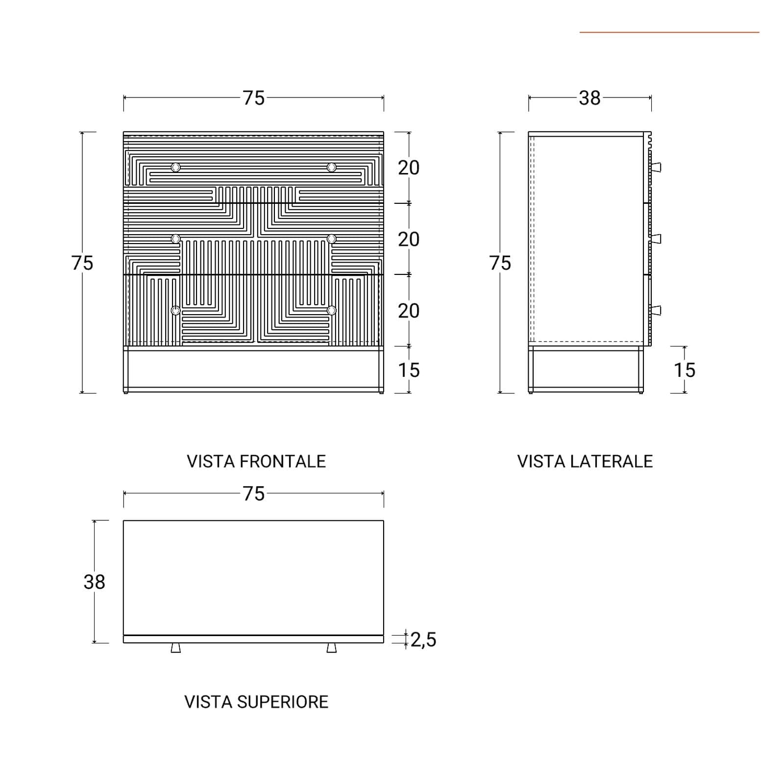Cassettiera 75x75h cm in legno di mango cannettato e metallo con 3 cassetti - Lysandra