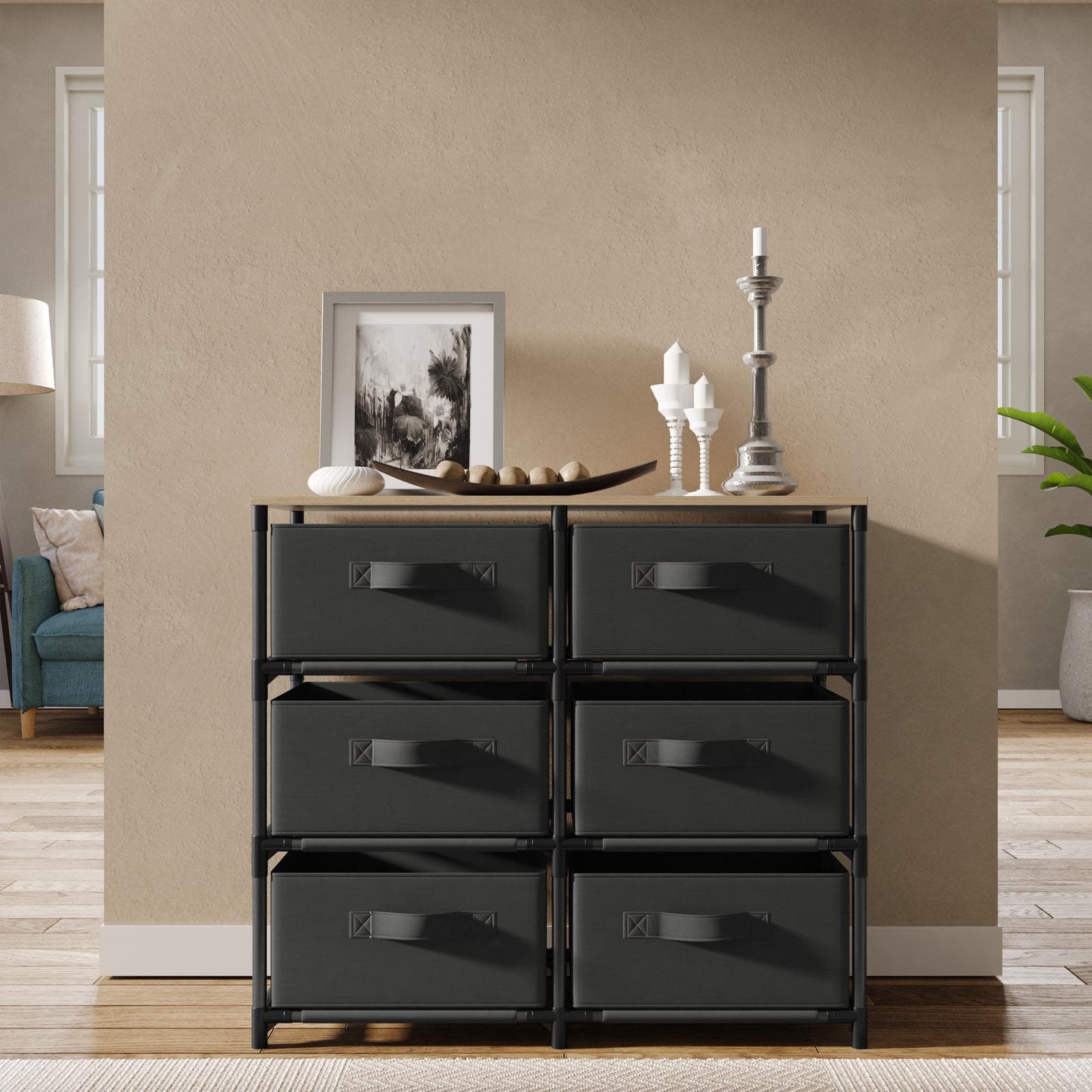 Cassettiera 76x68h cm top effetto rovere selvatico con 6 cassetti in tessuto e struttura in acciaio nero - Kales
