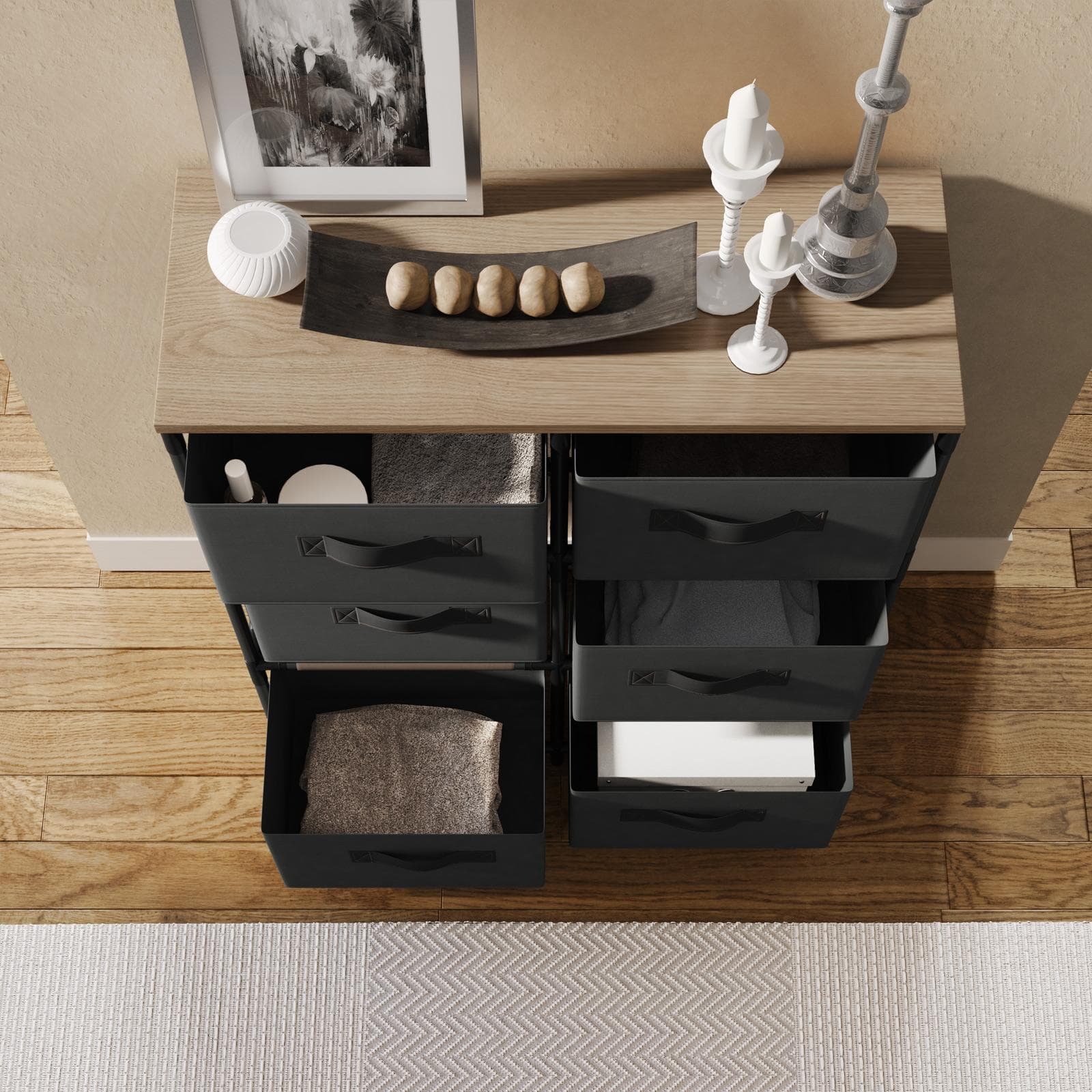 Cassettiera 76x68h cm top effetto rovere selvatico con 6 cassetti in tessuto e struttura in acciaio nero - Kales