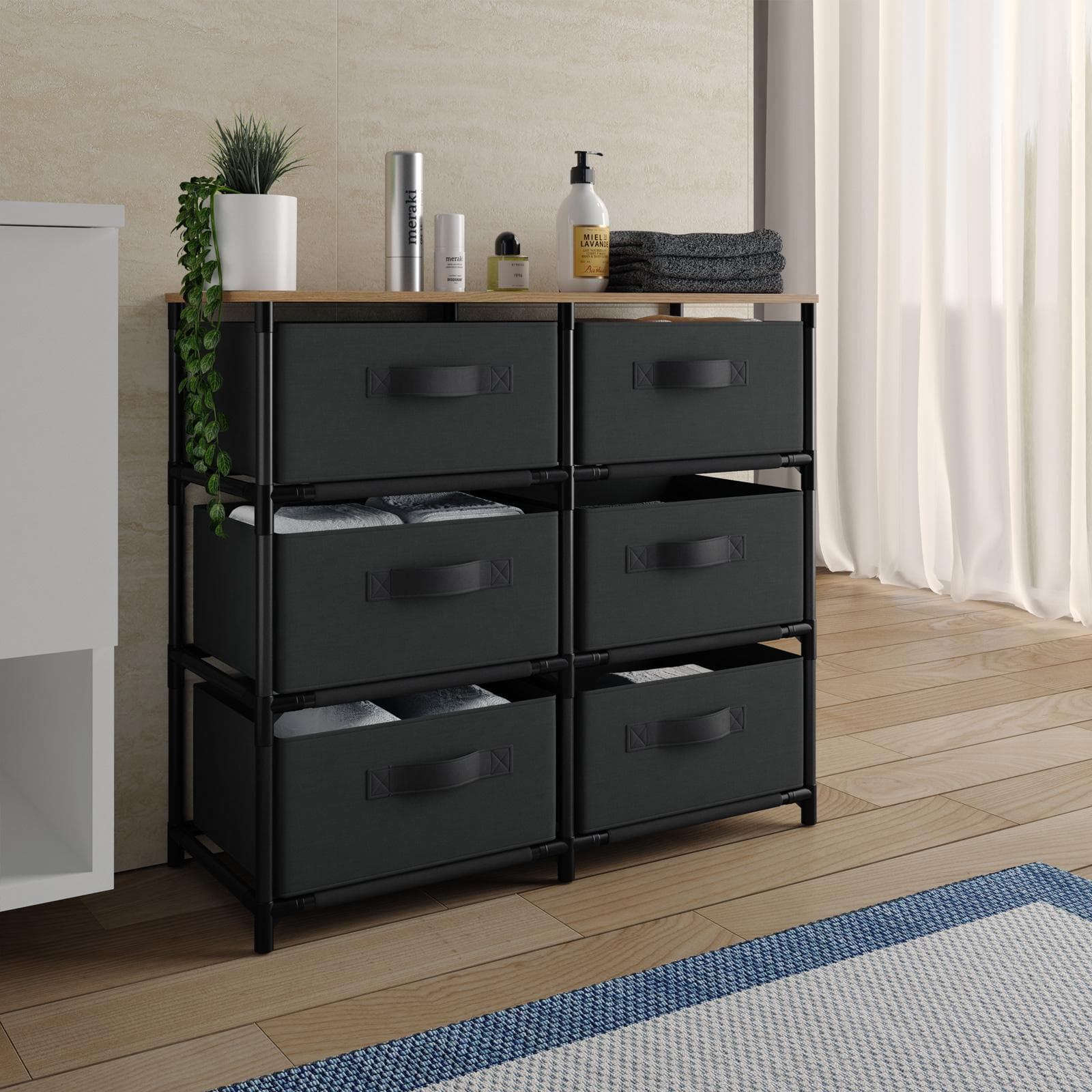 Cassettiera 76x68h cm top effetto rovere selvatico con 6 cassetti in tessuto e struttura in acciaio nero - Kales
