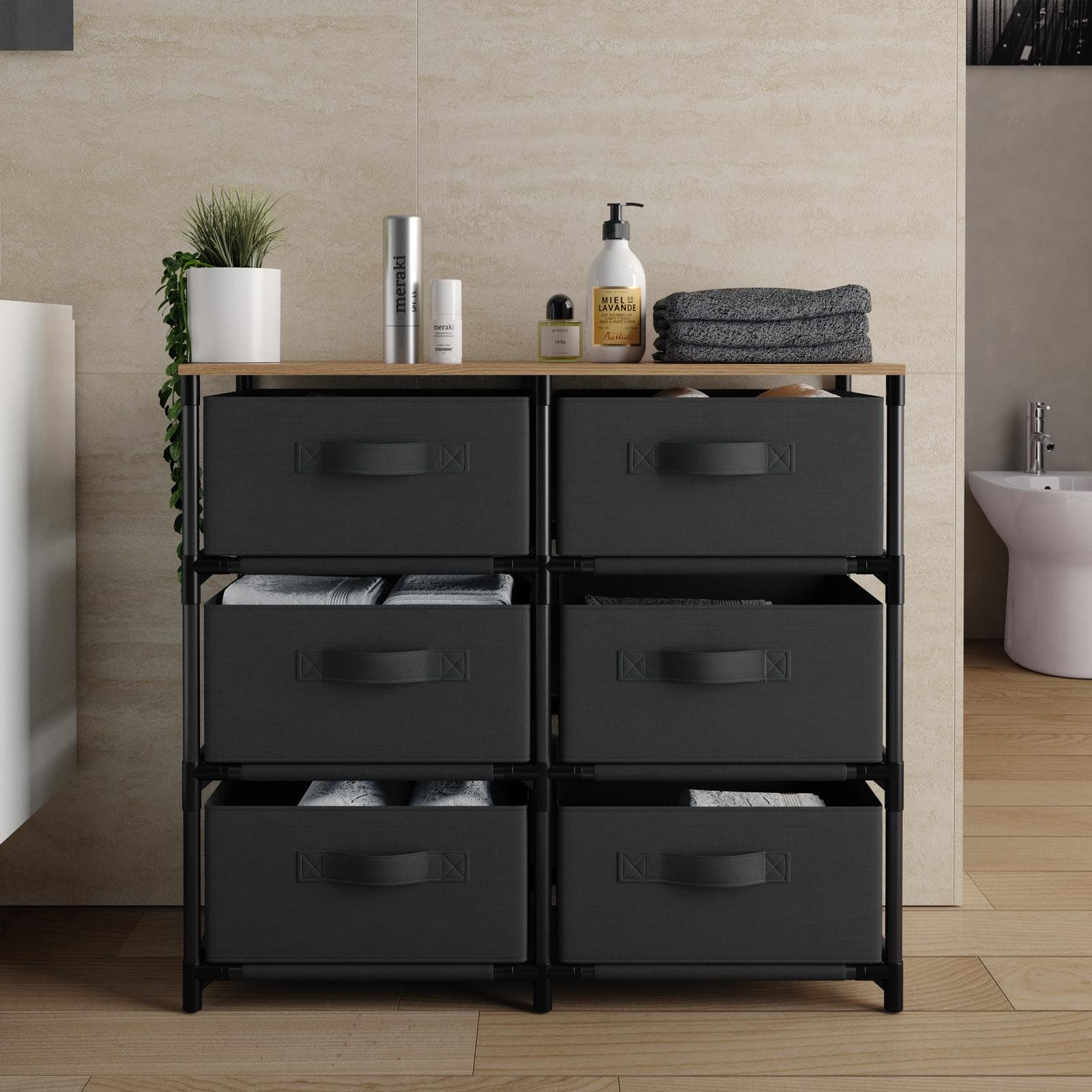Cassettiera 76x68h cm top effetto rovere selvatico con 6 cassetti in tessuto e struttura in acciaio nero - Kales