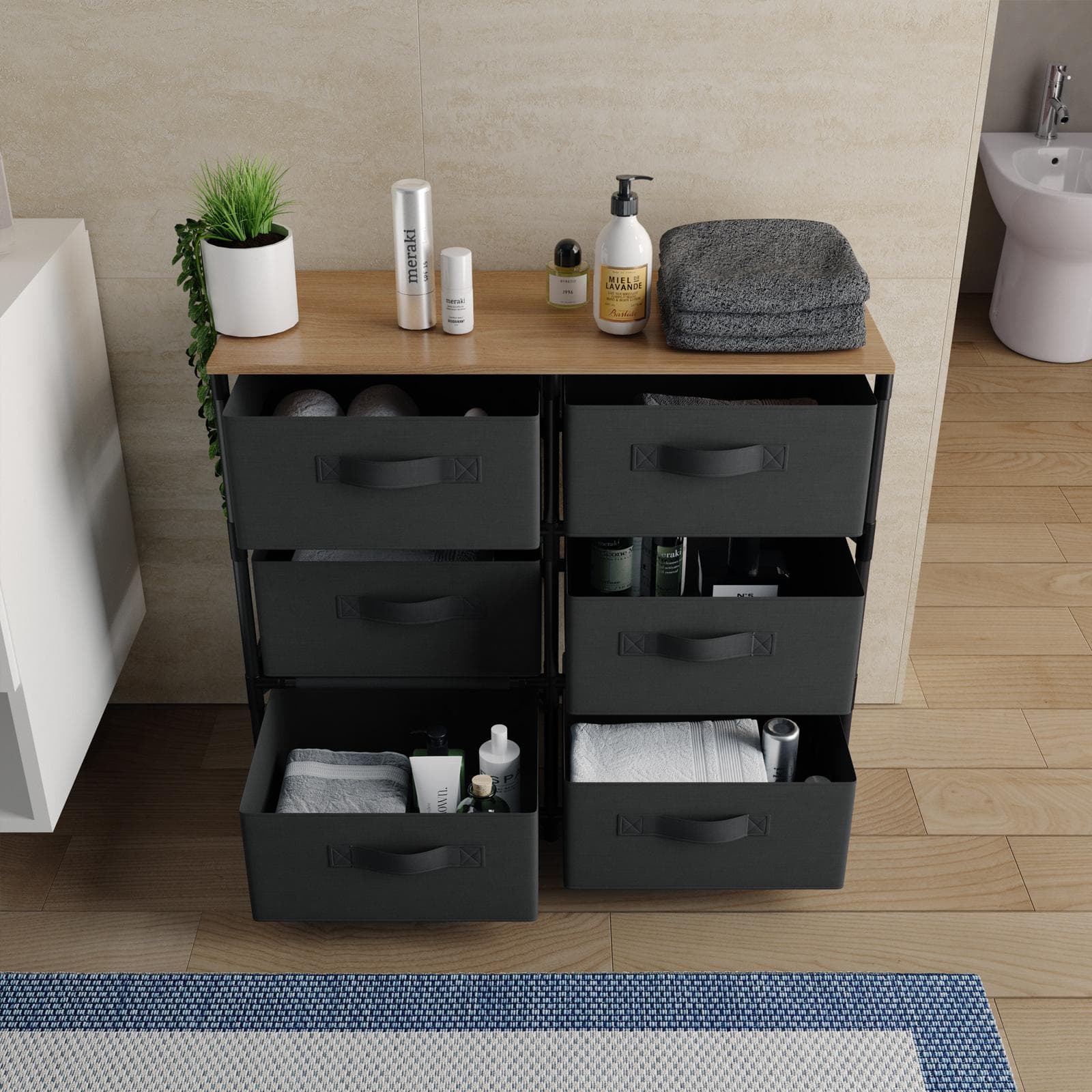Cassettiera 76x68h cm top effetto rovere selvatico con 6 cassetti in tessuto e struttura in acciaio nero - Kales