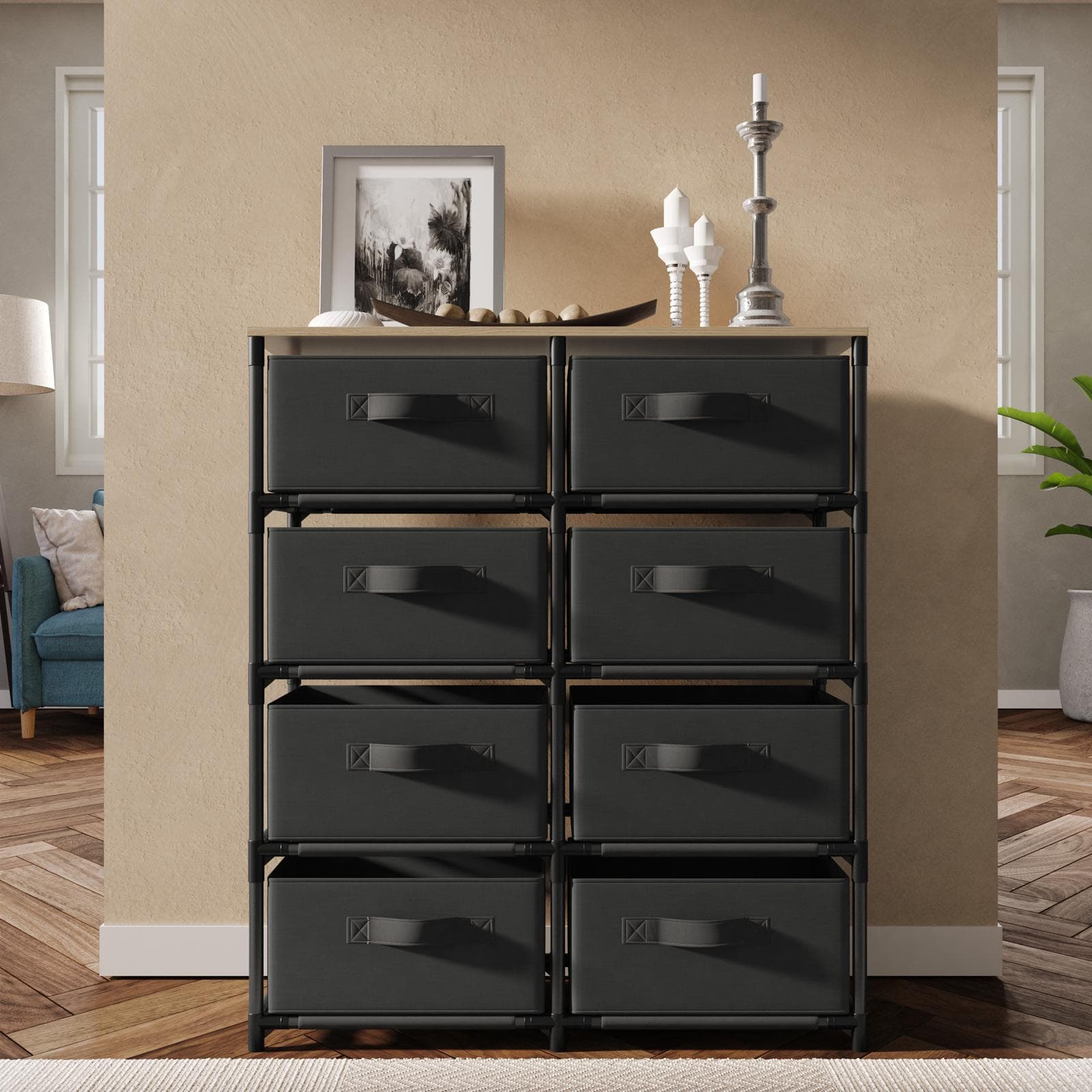 Cassettiera 76x89h cm top effetto rovere selvatico con 8 cassetti in tessuto e struttura in acciaio nero - Kales
