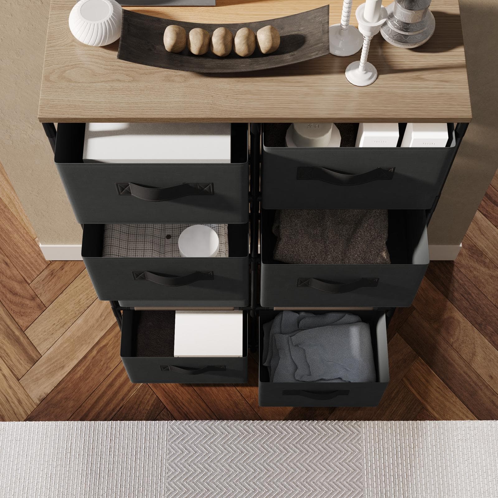 Cassettiera 76x89h cm top effetto rovere selvatico con 8 cassetti in tessuto e struttura in acciaio nero - Kales