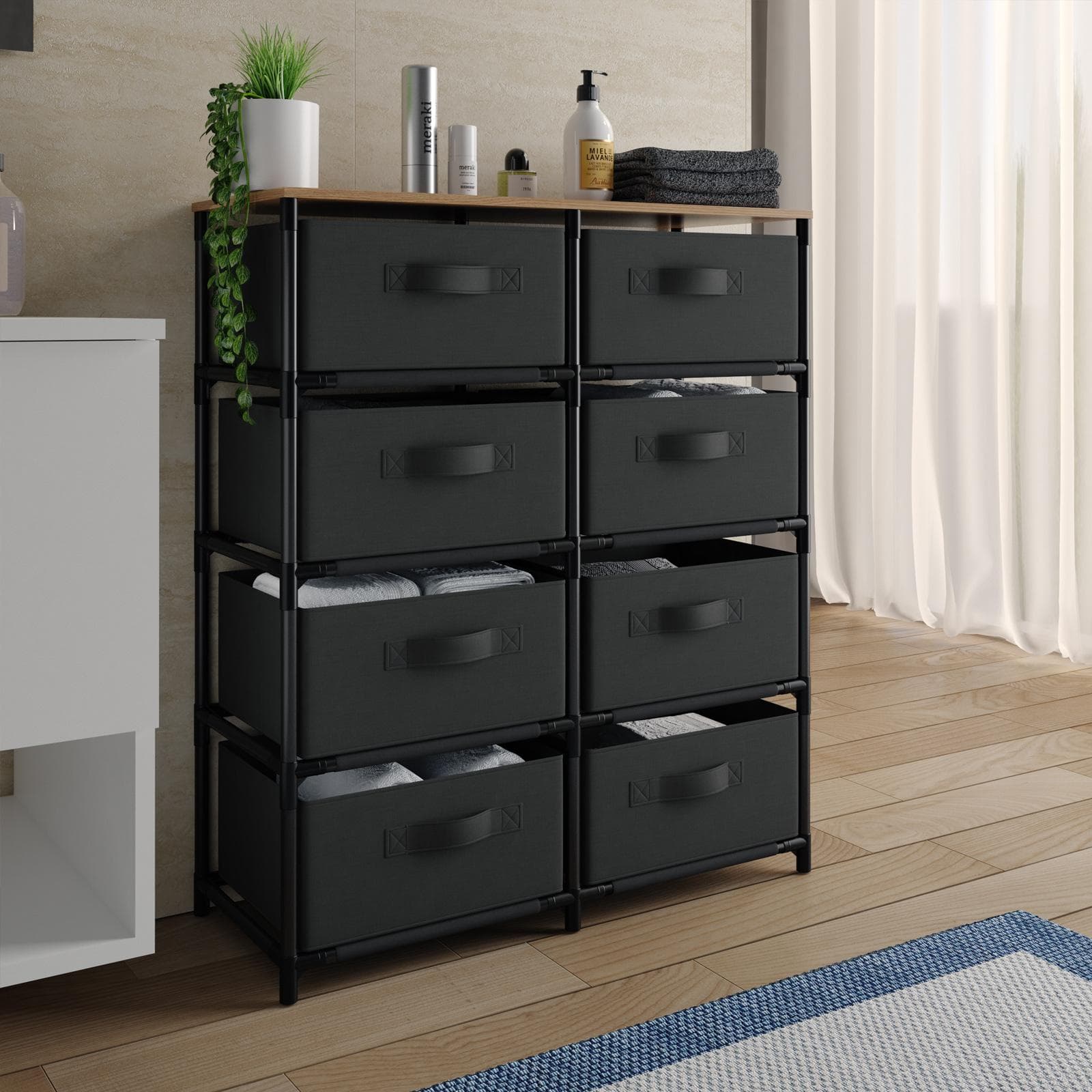 Cassettiera 76x89h cm top effetto rovere selvatico con 8 cassetti in tessuto e struttura in acciaio nero - Kales