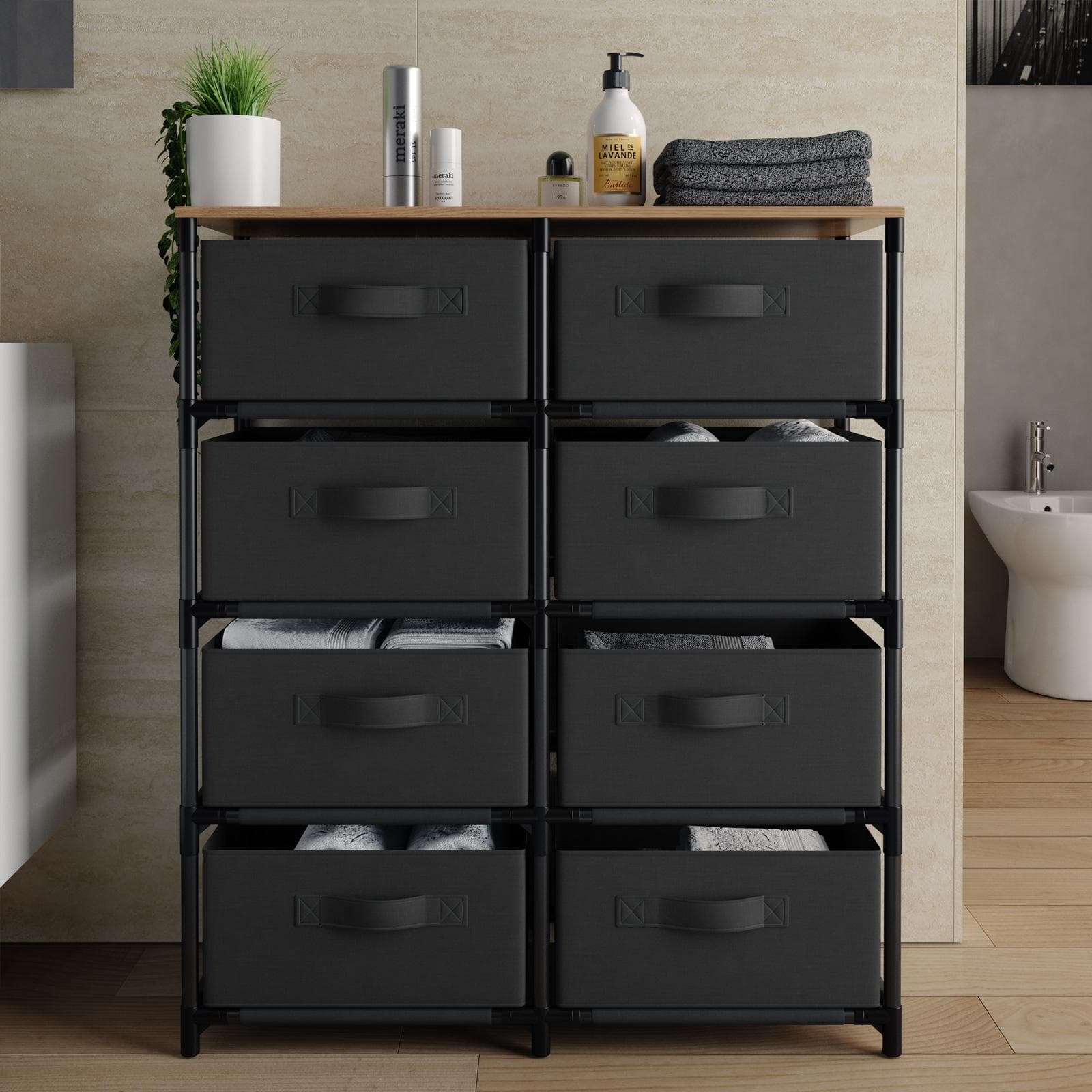 Cassettiera 76x89h cm top effetto rovere selvatico con 8 cassetti in tessuto e struttura in acciaio nero - Kales