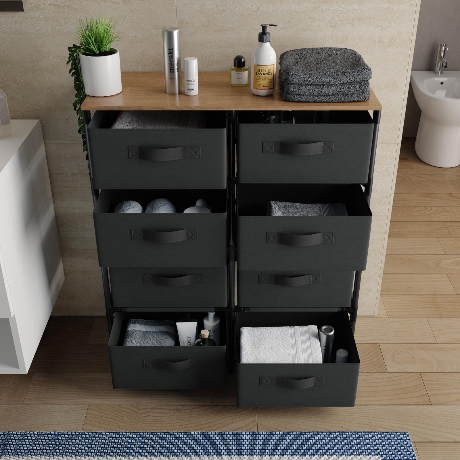 Cassettiera 76x89h cm top effetto rovere selvatico con 8 cassetti in tessuto e struttura in acciaio nero - Kales