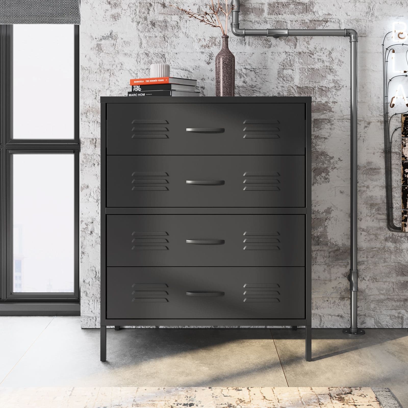 Cassettiera 80x102h cm in acciaio verniciato nero con 4 cassetti - Roger