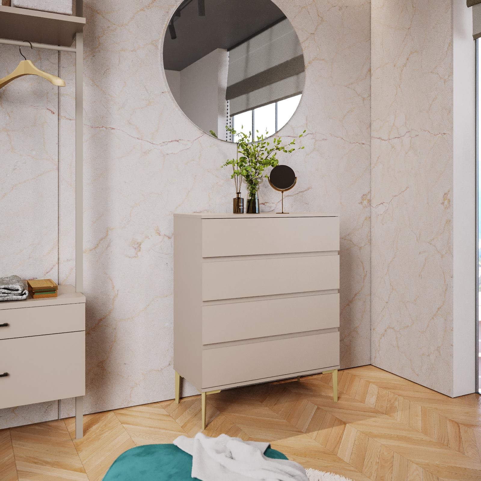 Cassettiera 80x100h cm con 4 cassetti soft close cashmere e piedi oro opaco - Kreativo