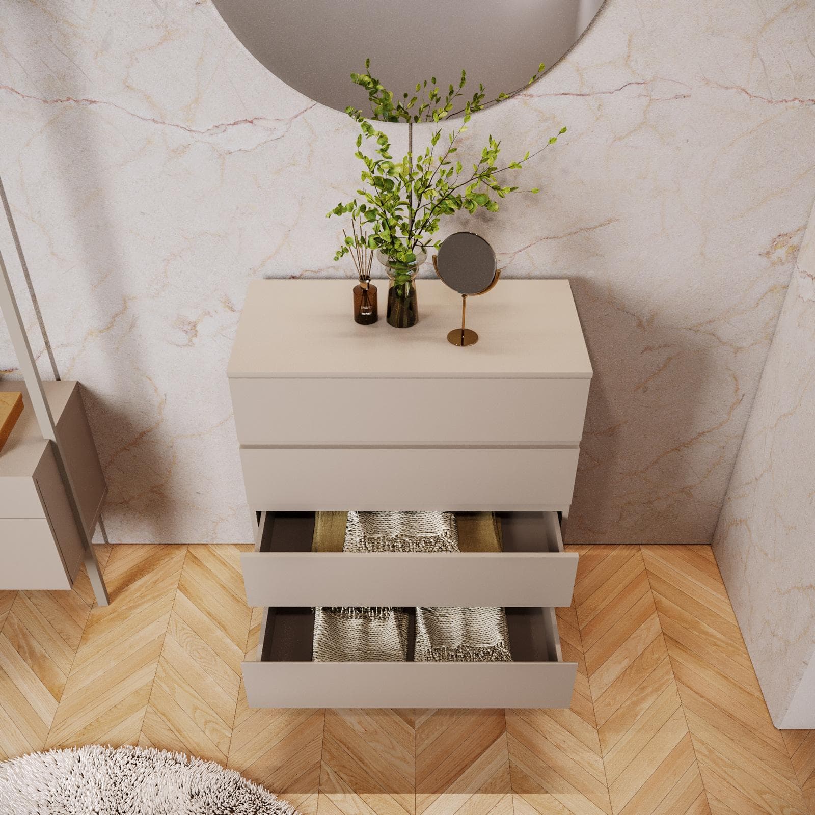 Cassettiera 80x100h cm con 4 cassetti soft close cashmere e piedi oro opaco - Kreativo