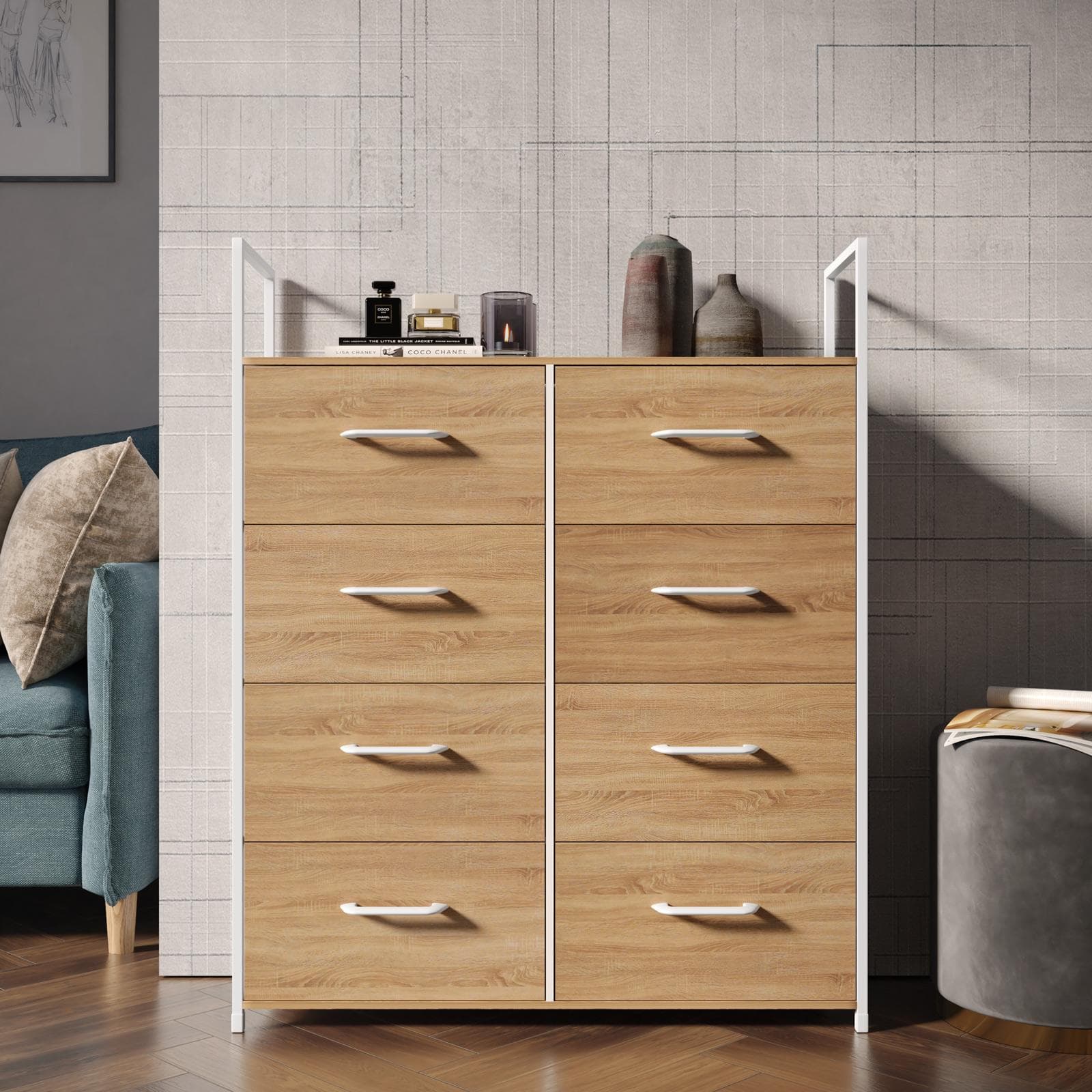 Cassettiera 80x100h cm effetto rovere pino con 8 cassetti in tessuto beige e struttura in acciaio bianco - Nuevo