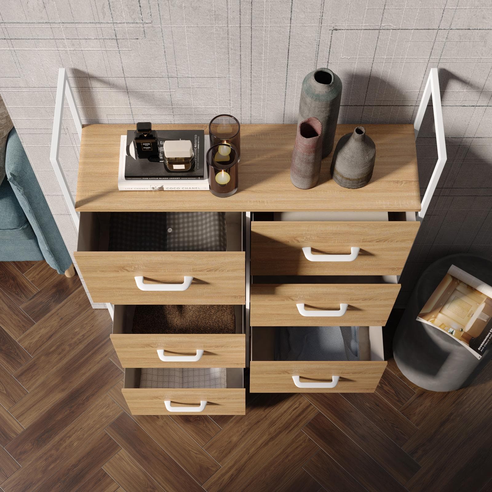 Cassettiera 80x100h cm effetto rovere pino con 8 cassetti in tessuto beige e struttura in acciaio bianco - Nuevo