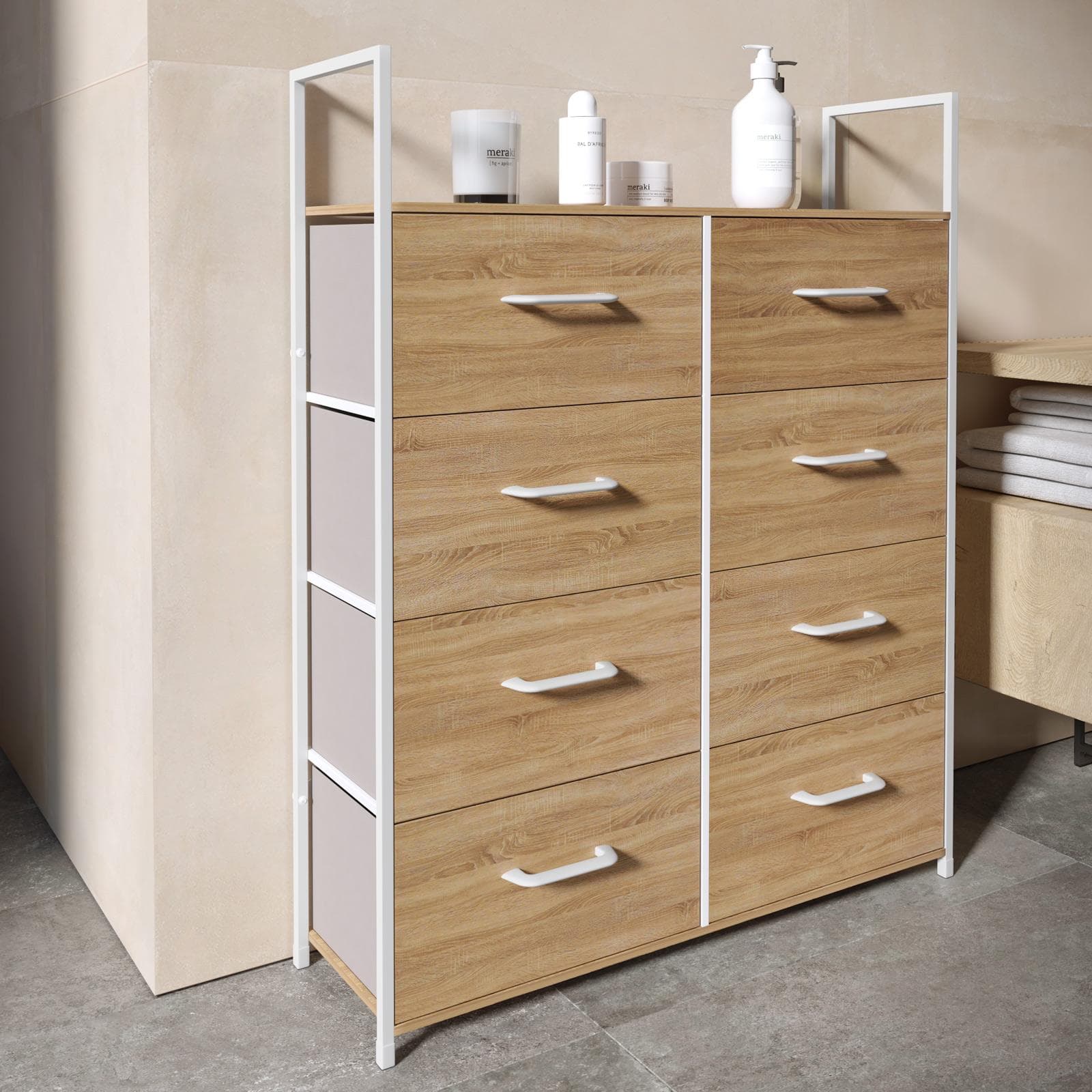 Cassettiera 80x100h cm effetto rovere pino con 8 cassetti in tessuto beige e struttura in acciaio bianco - Nuevo