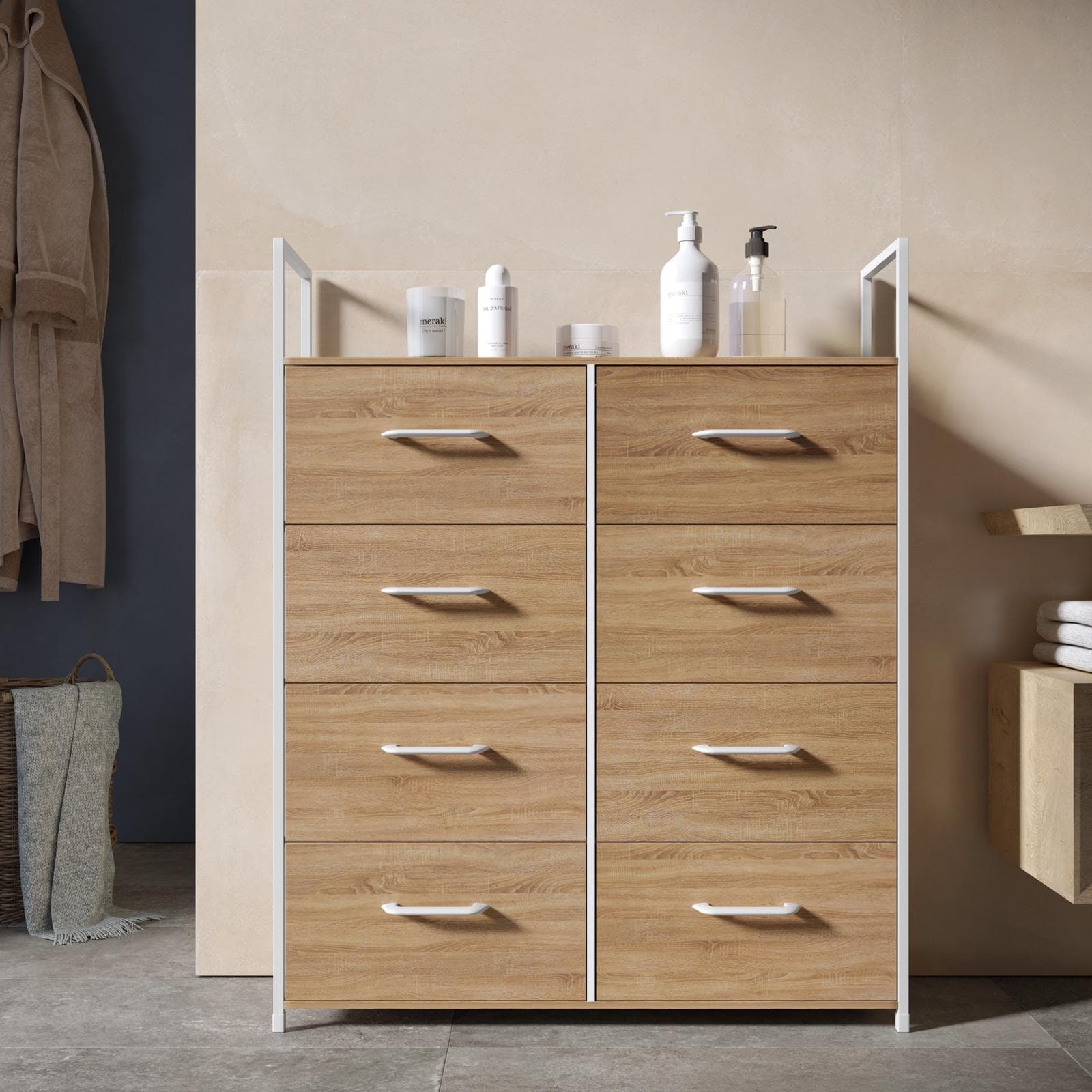 Cassettiera 80x100h cm effetto rovere pino con 8 cassetti in tessuto beige e struttura in acciaio bianco - Nuevo