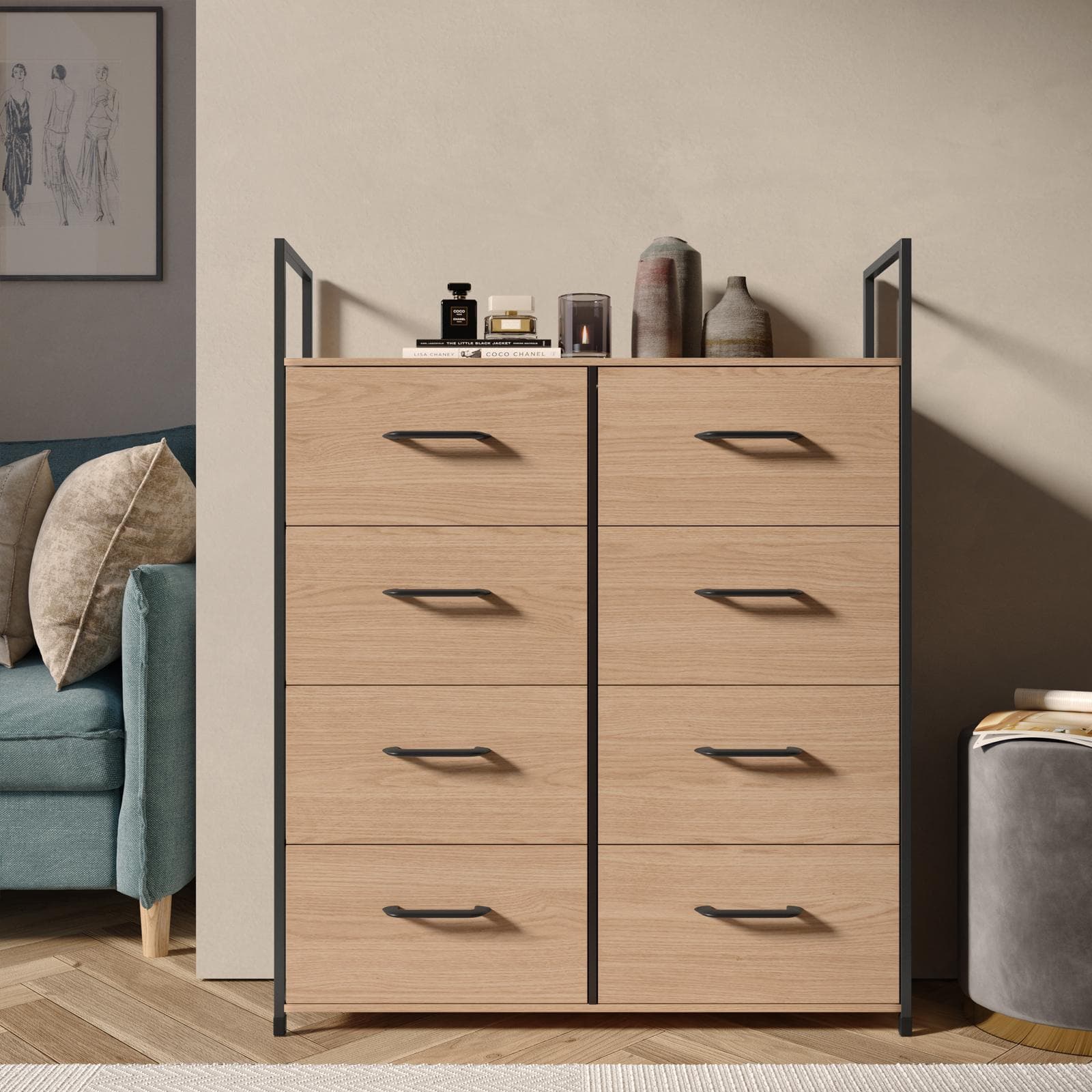 Cassettiera 80x100h cm effetto rovere selvatico con 8 cassetti in tessuto e struttura in acciaio nero - Nuevo