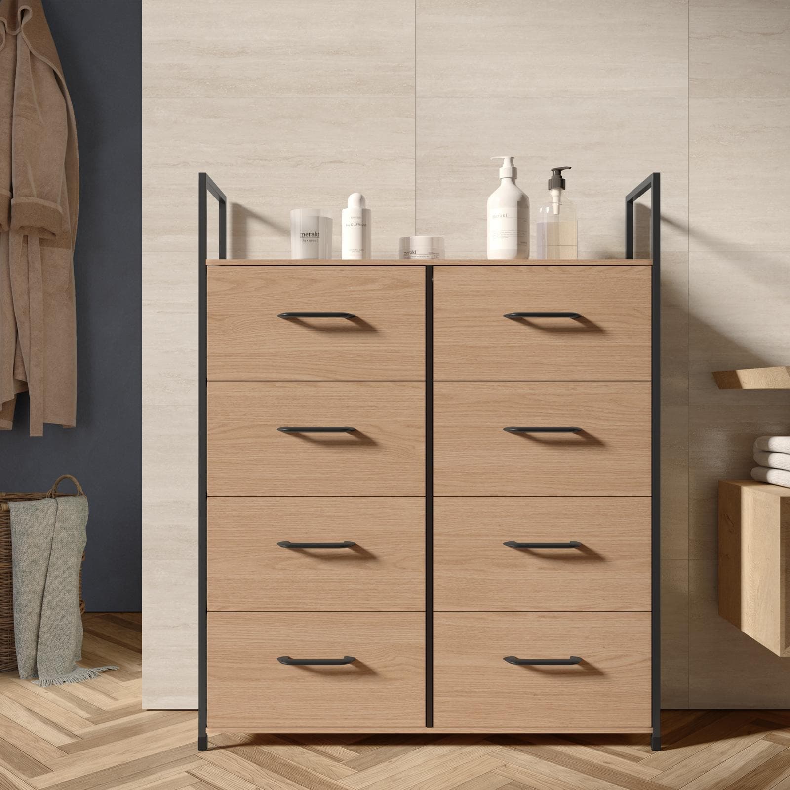Cassettiera 80x100h cm effetto rovere selvatico con 8 cassetti in tessuto e struttura in acciaio nero - Nuevo