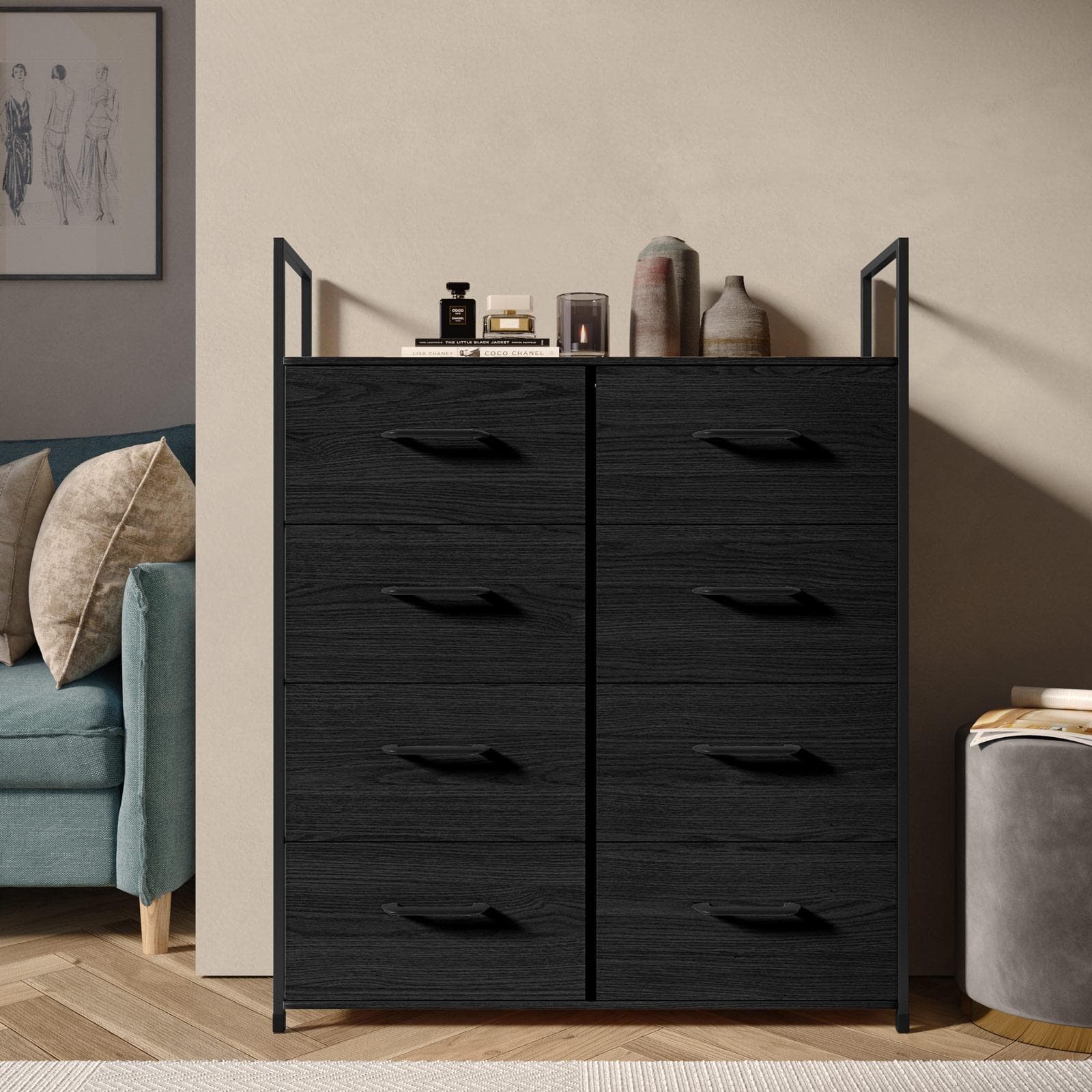 Cassettiera 80x100h cm nero effetto legno con 8 cassetti in tessuto e struttura in acciaio - Nuevo