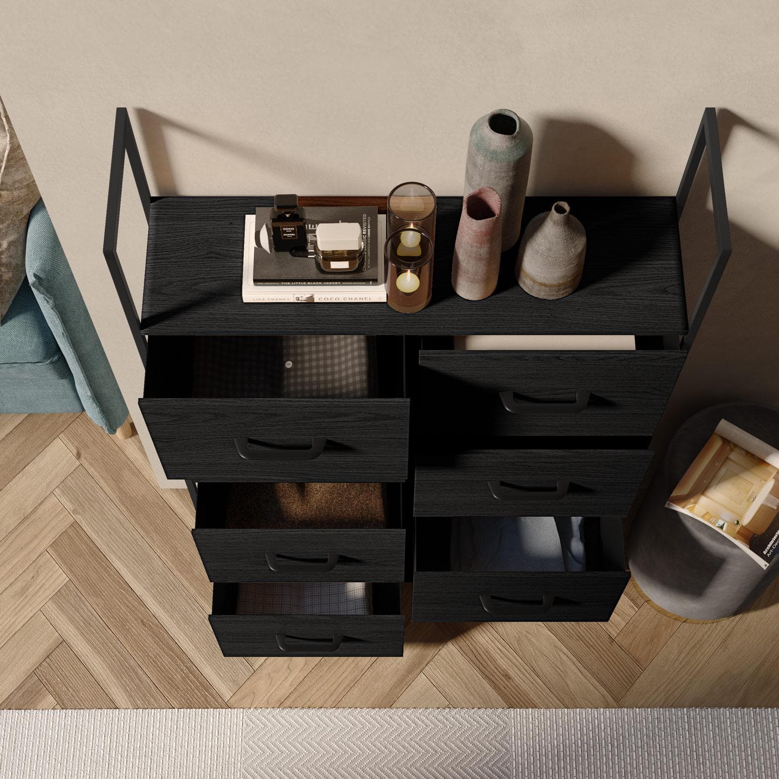 Cassettiera 80x100h cm nero effetto legno con 8 cassetti in tessuto e struttura in acciaio - Nuevo
