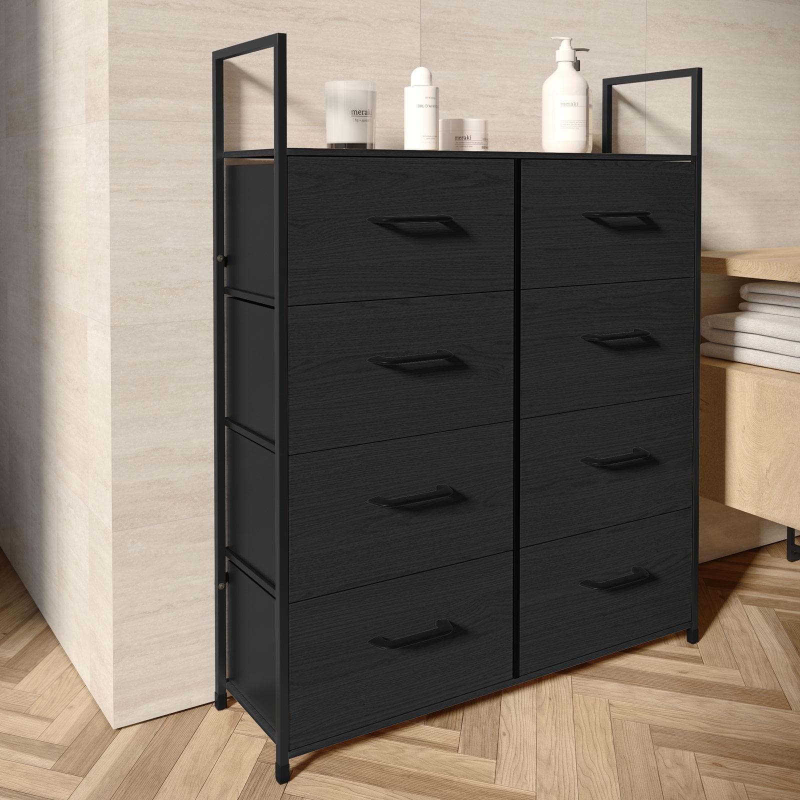 Cassettiera 80x100h cm nero effetto legno con 8 cassetti in tessuto e struttura in acciaio - Nuevo