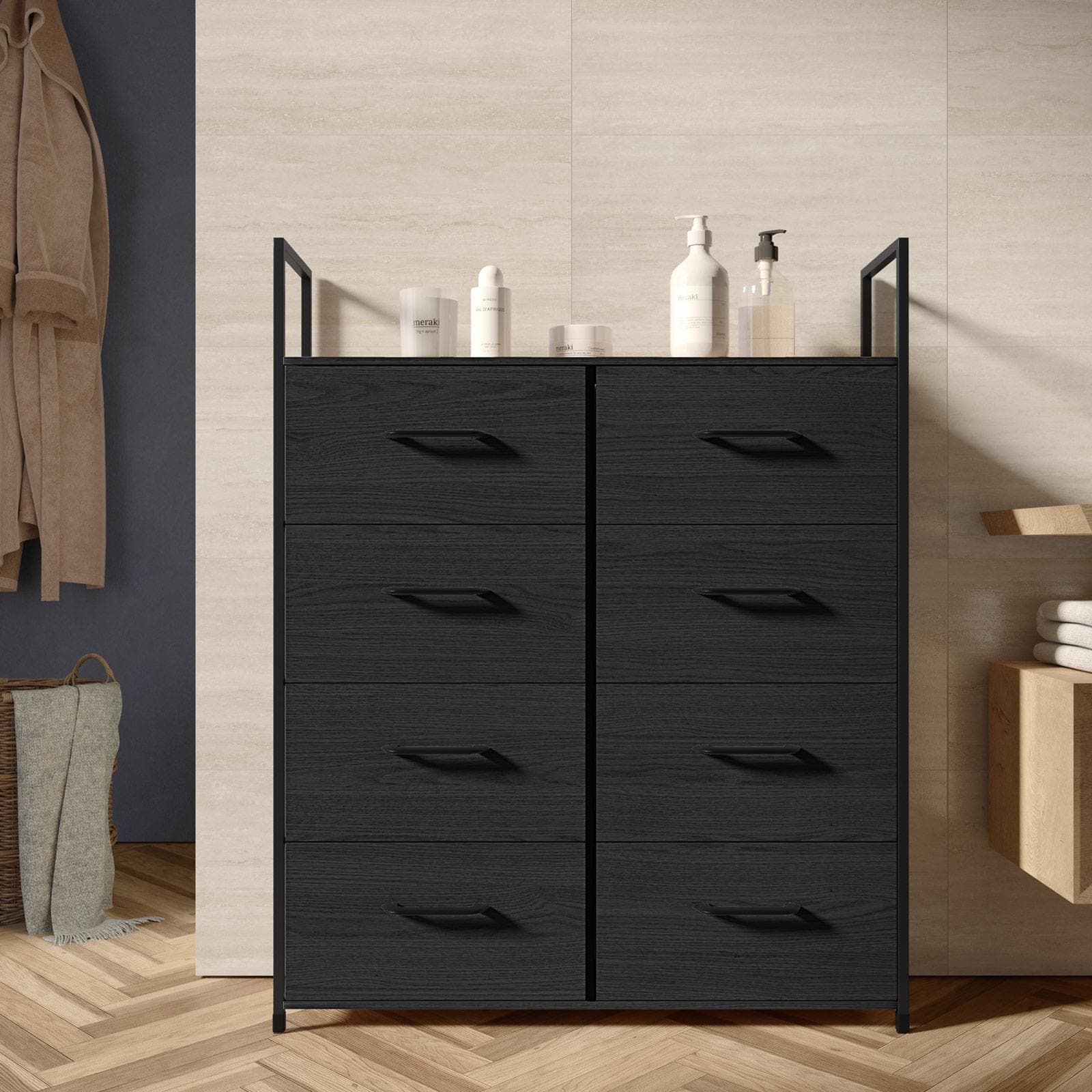 Cassettiera 80x100h cm nero effetto legno con 8 cassetti in tessuto e struttura in acciaio - Nuevo