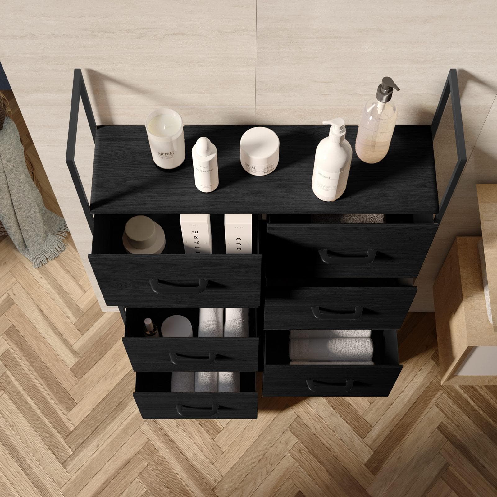 Cassettiera 80x100h cm nero effetto legno con 8 cassetti in tessuto e struttura in acciaio - Nuevo
