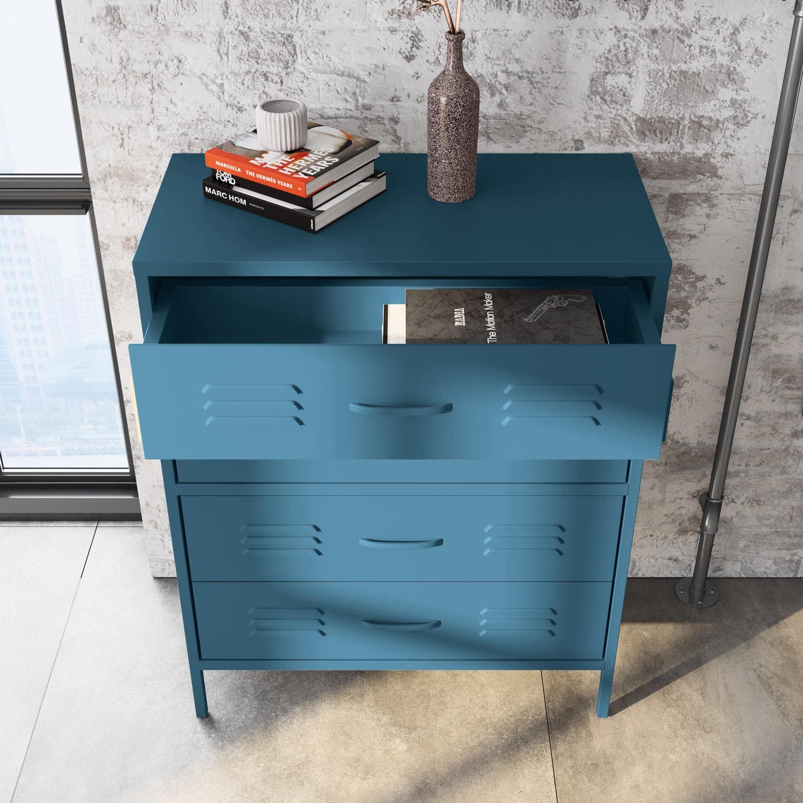 Cassettiera 80x102h cm in acciaio verniciato blu petrolio con 4 cassetti - Roger