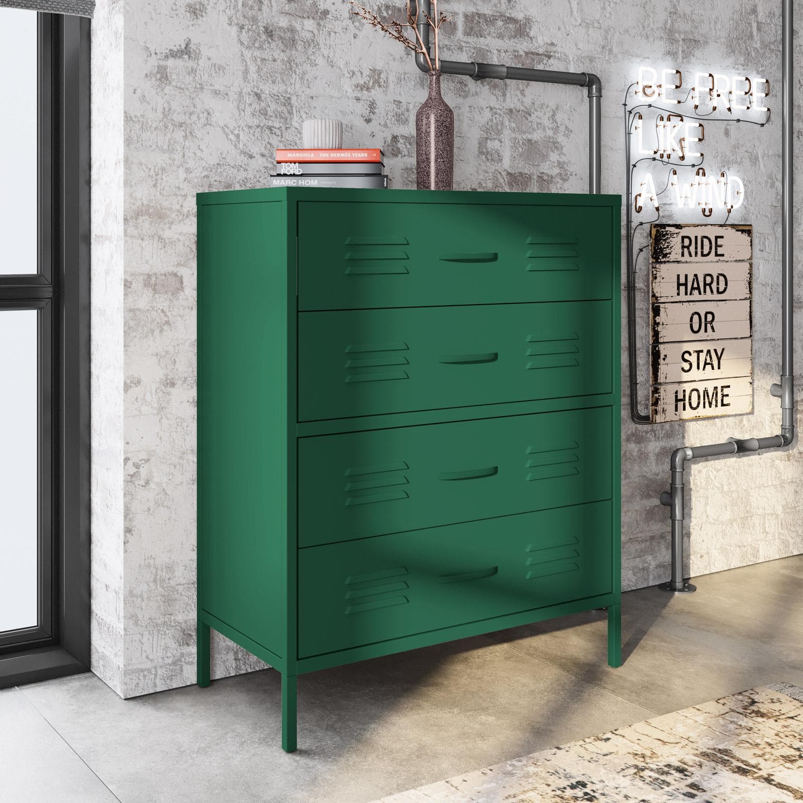 Cassettiera 80x102h cm in acciaio verniciato verde con 4 cassetti - Roger