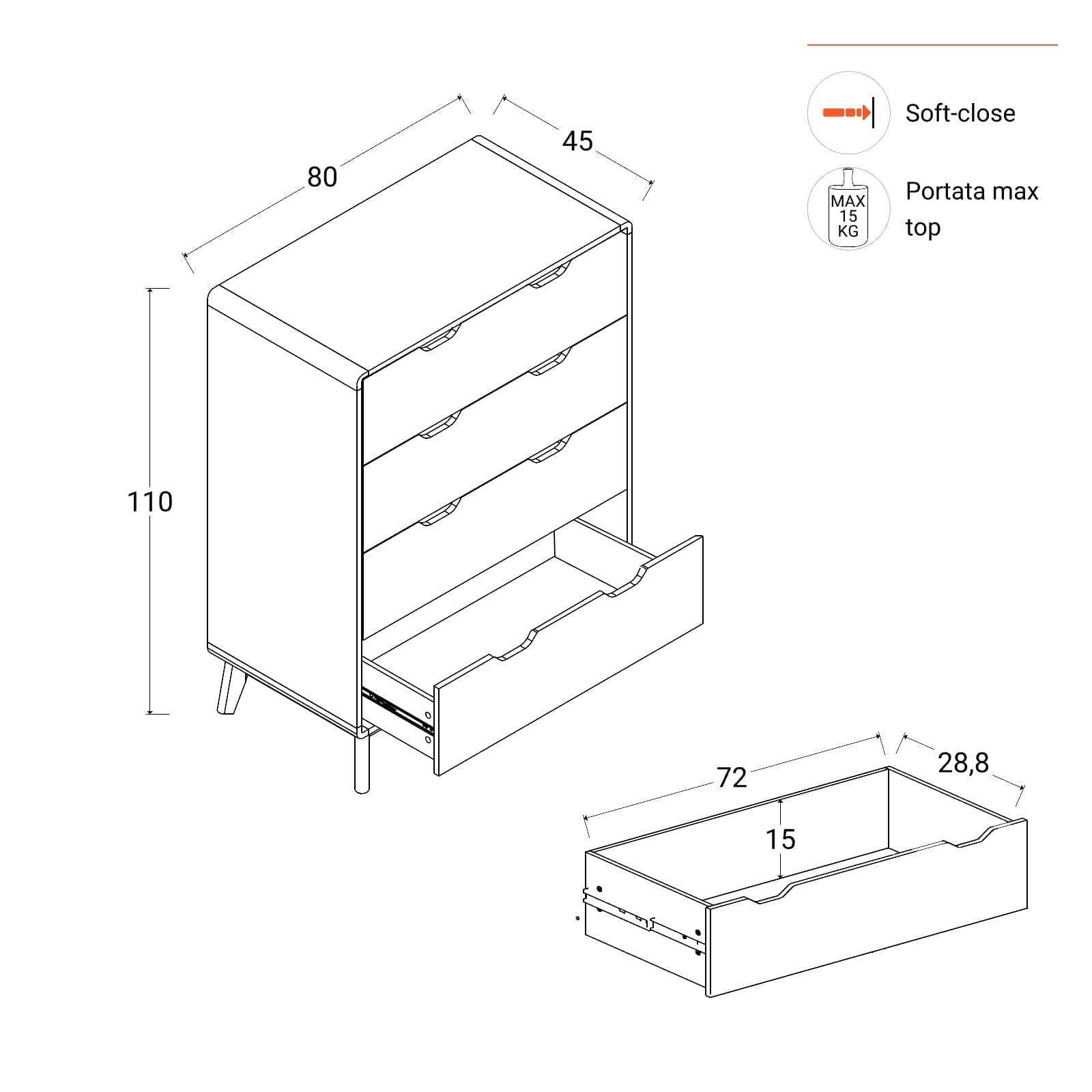 Cassettiera 80x110h cm in legno rovere kover con 4 cassetti - Ember