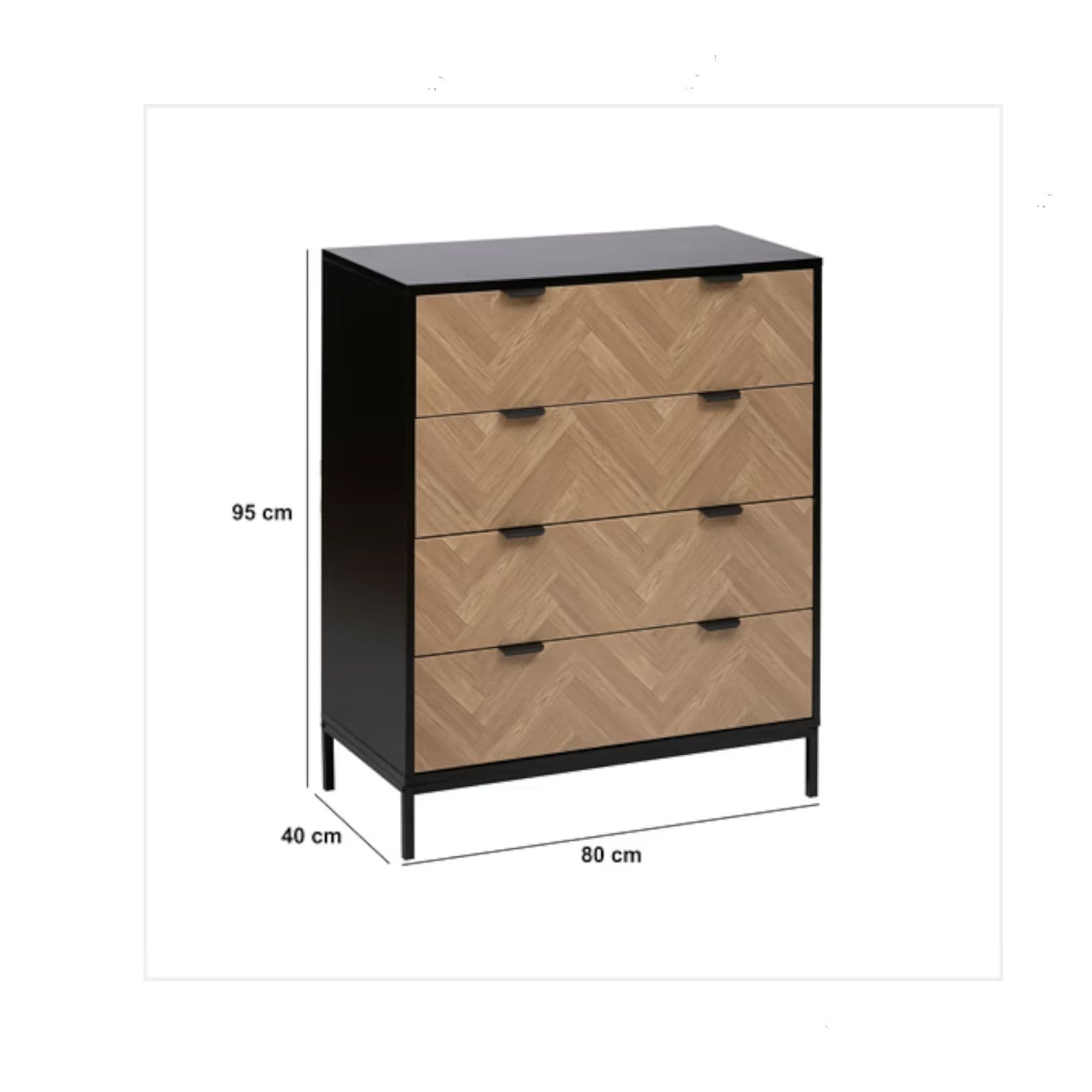 Cassettiera 80x40 cm in acciaio nero con 4 cassetti in legno effetto parquet - Blacky