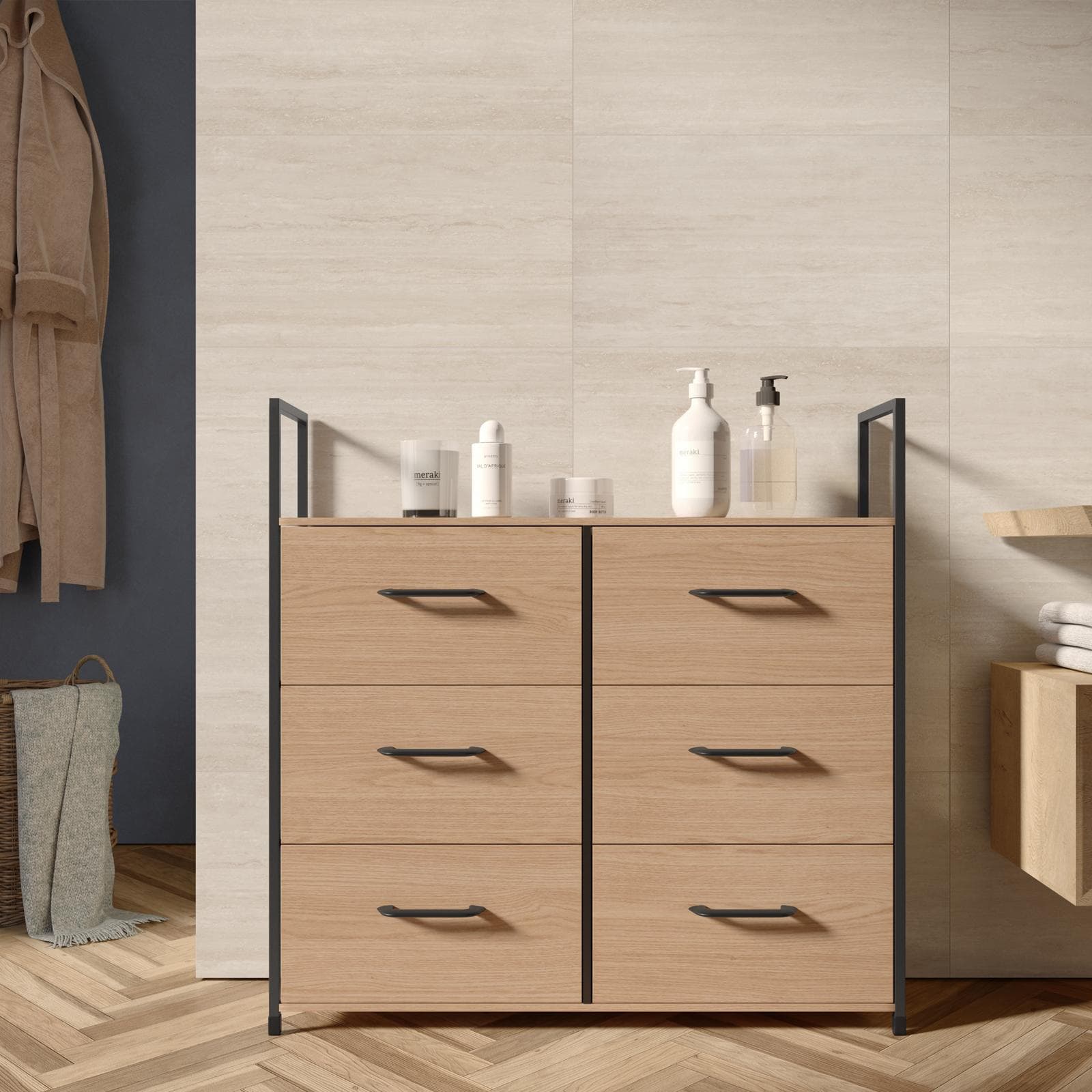 Cassettiera 80x80h cm effetto rovere selvatico con 6 cassetti in tessuto e struttura in acciaio nero - Nuevo