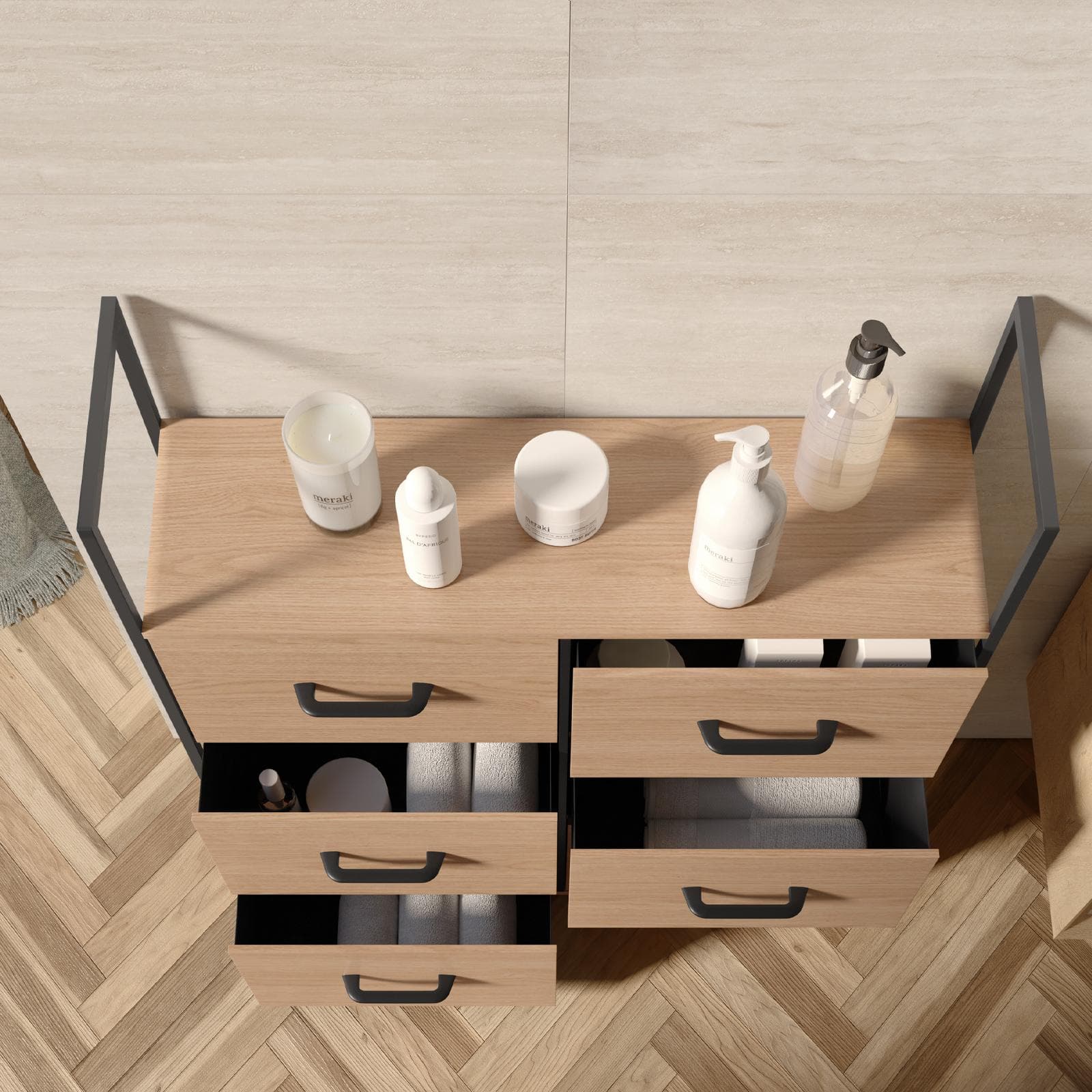 Cassettiera 80x80h cm effetto rovere selvatico con 6 cassetti in tessuto e struttura in acciaio nero - Nuevo