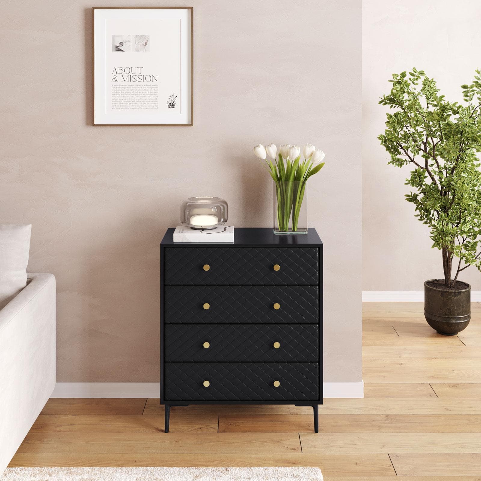 Cassettiera 80x95h cm nero opaco e similpelle con 4 cassetti - Zimma