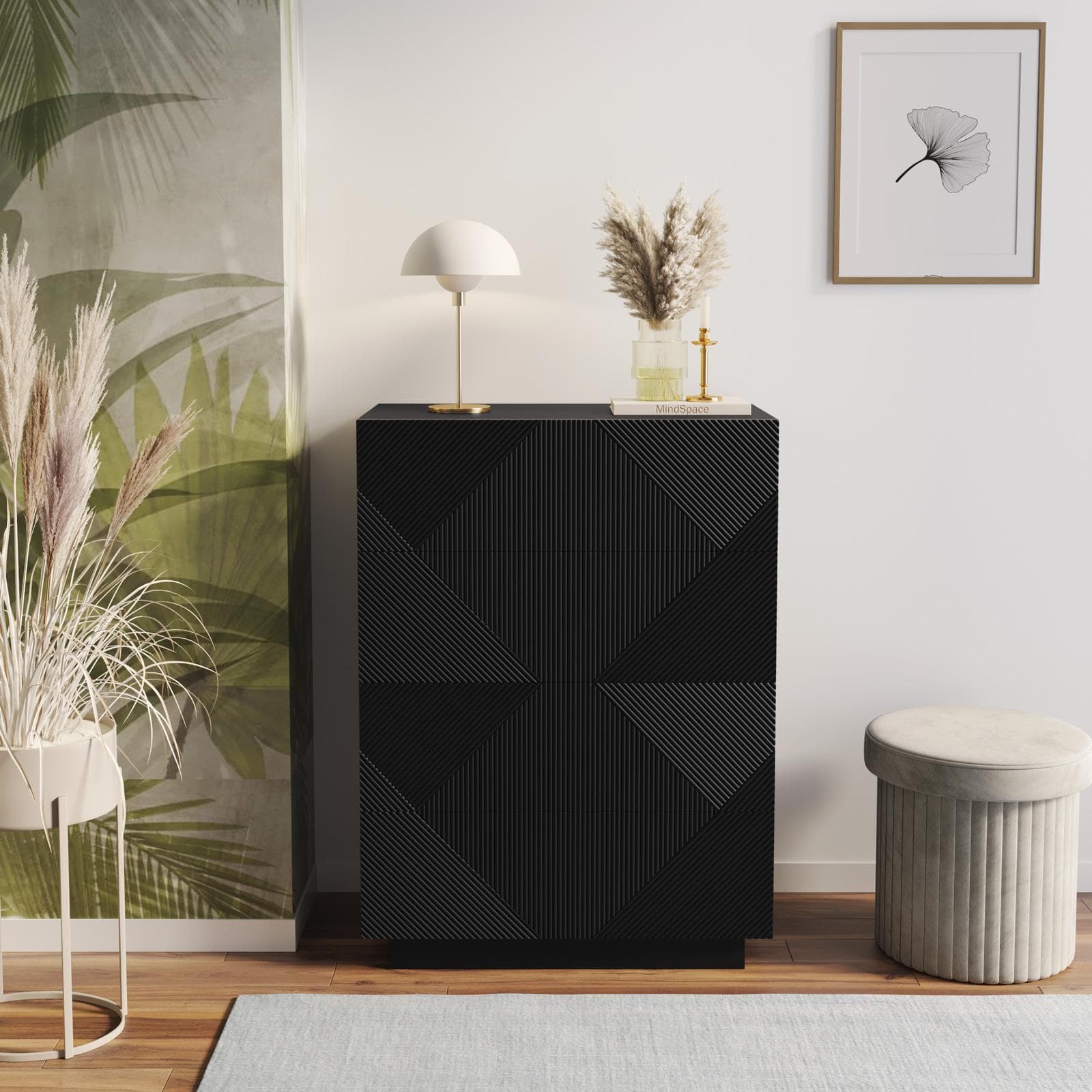 Cassettiera 85x115h cm con 4 cassetti soft close nero opaco cannettato - Ayla