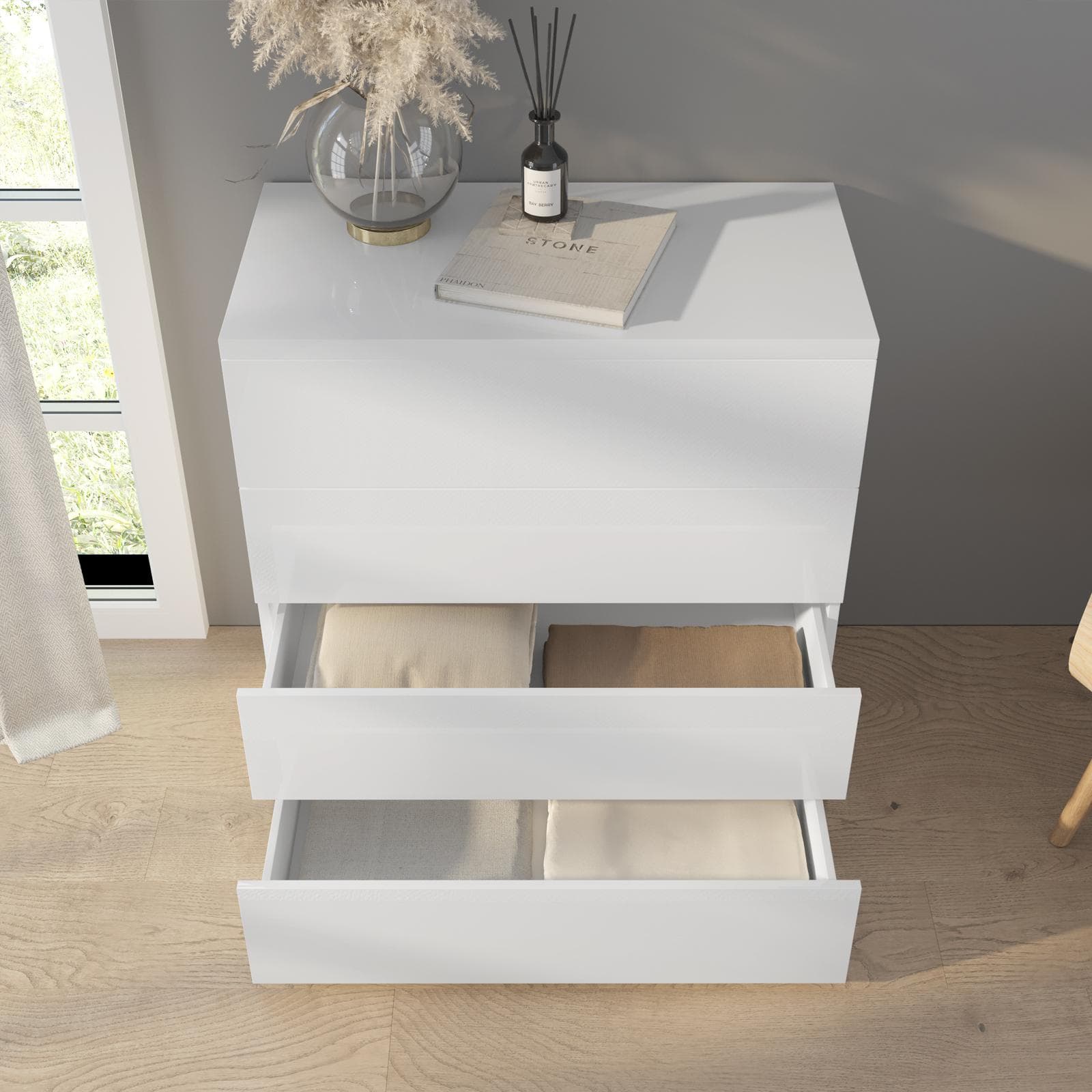 Cassettiera 85x88h cm con quattro cassetti bianco lucido - Reina